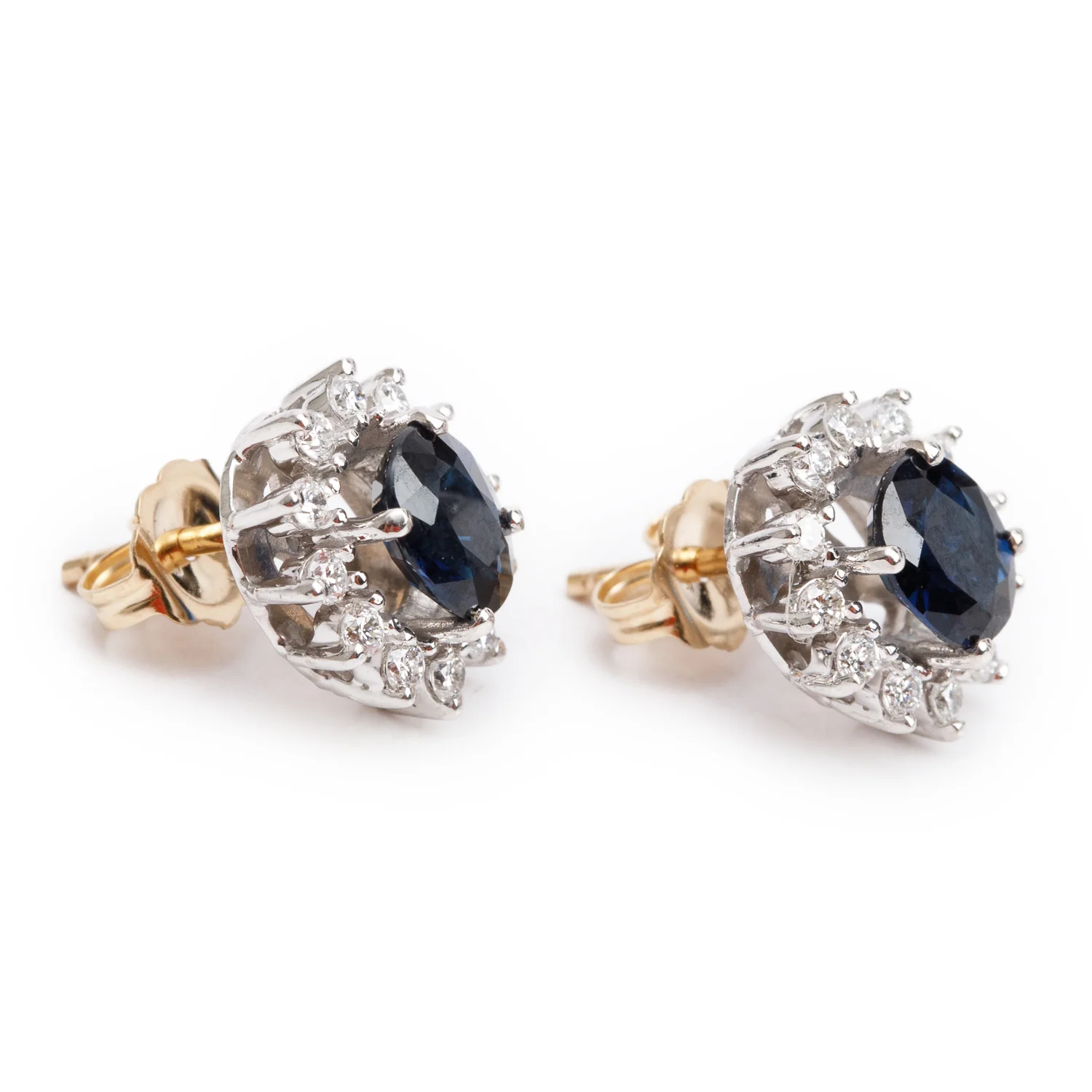 14k White and Yellow Gold Blue Sapphire & Diamond Earrings Stud Earrings - Image 2