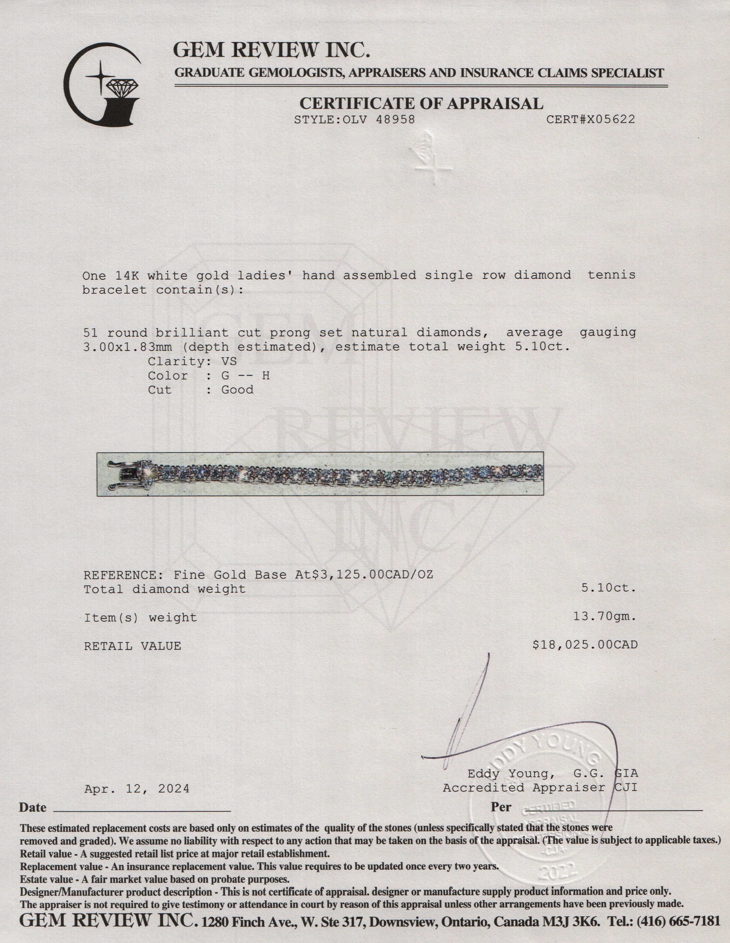 14k White Gold 5.10 tcw. Diamond Tennis Bracelet - Image 5