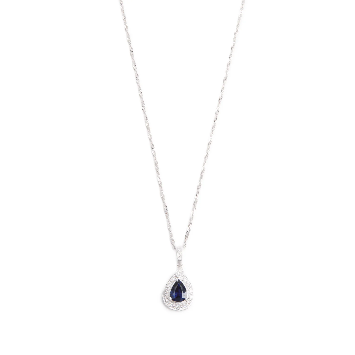 14k White Gold Blue Sapphire and Diamond Pendant Necklace