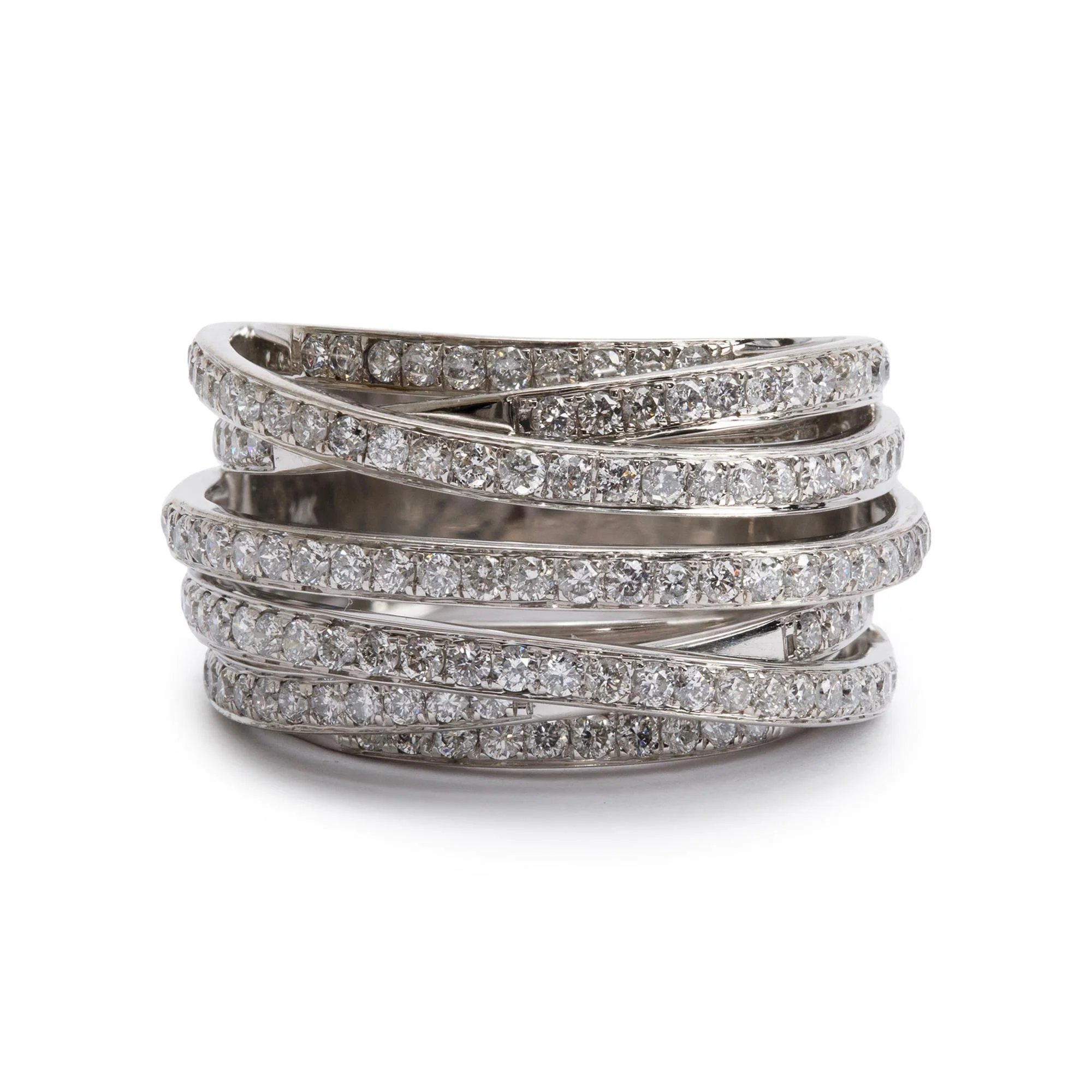 14k White Gold Diamond Crossover Cocktail Ring, Size 6.5