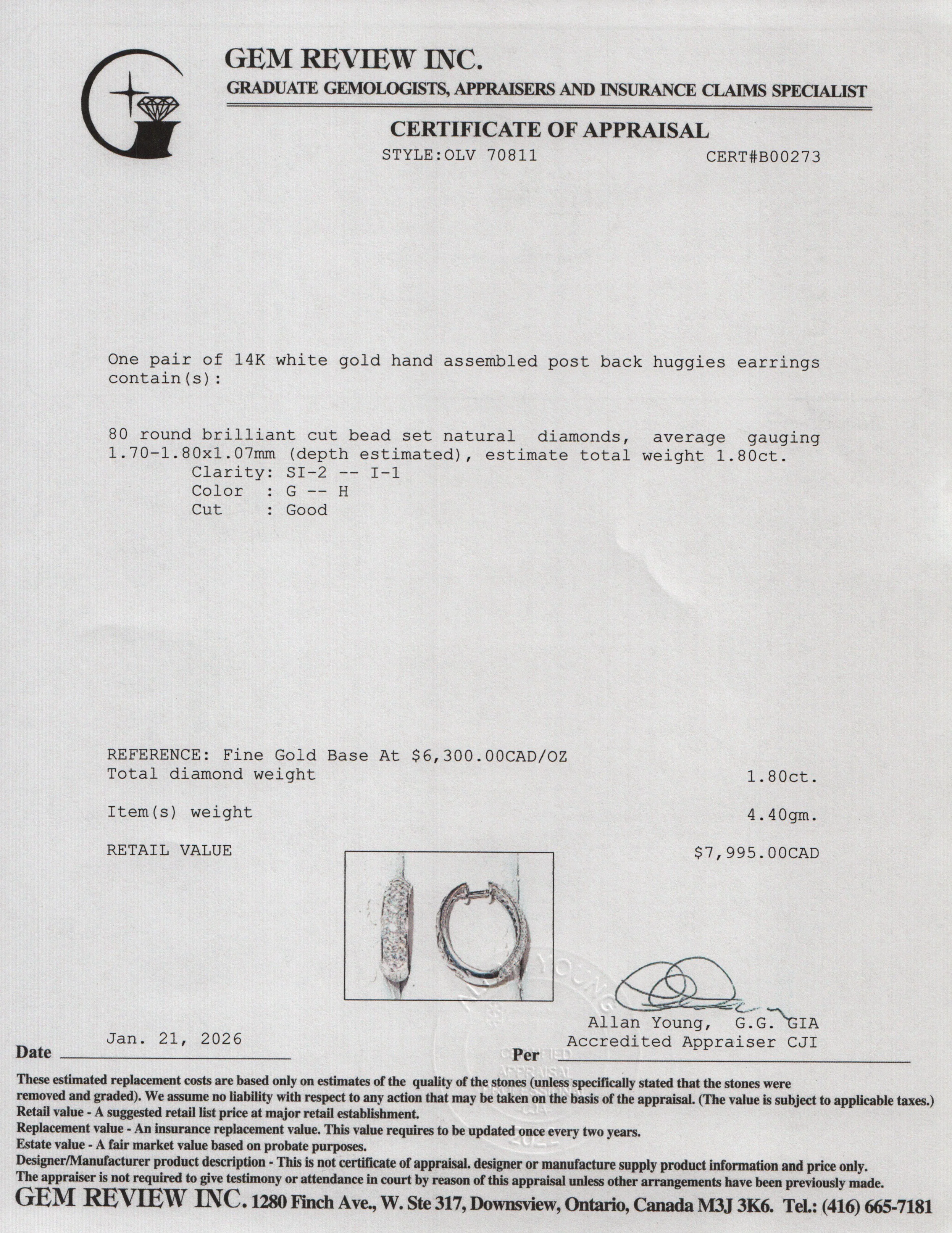 14k White Gold Pave Diamond Huggie Earrings - Image 4