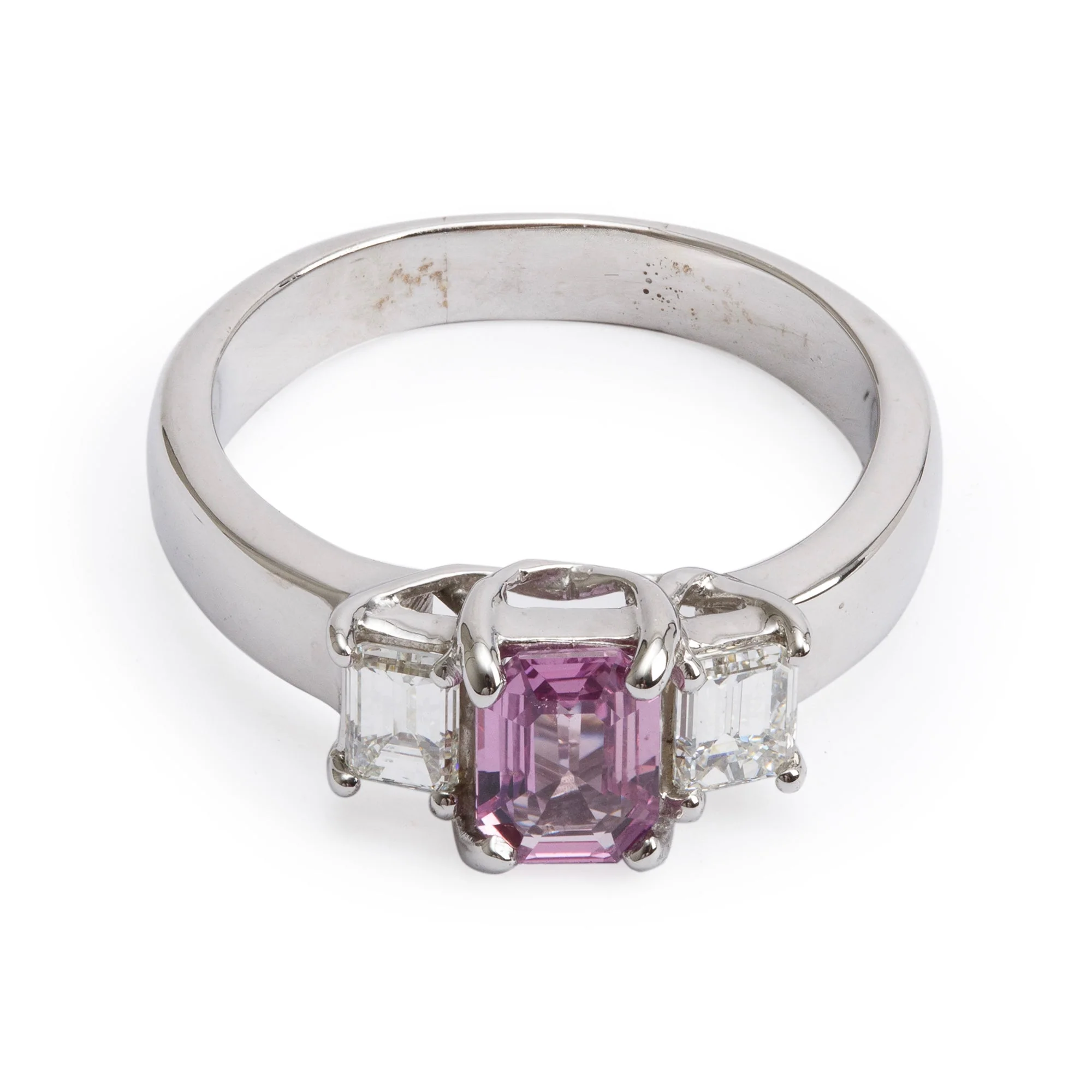 14k White Gold Pink Saphire & Diamond Three-Stone Ring, Size 8 - Image 2