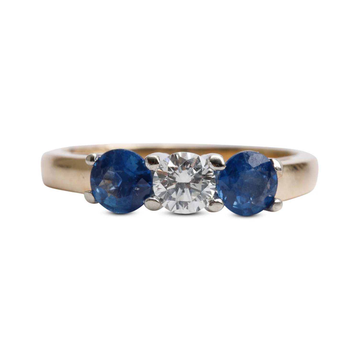 14k Yellow and White Gold Blue Sapphire & Diamond Three Stone Ring, Size 6.75 - Image 2