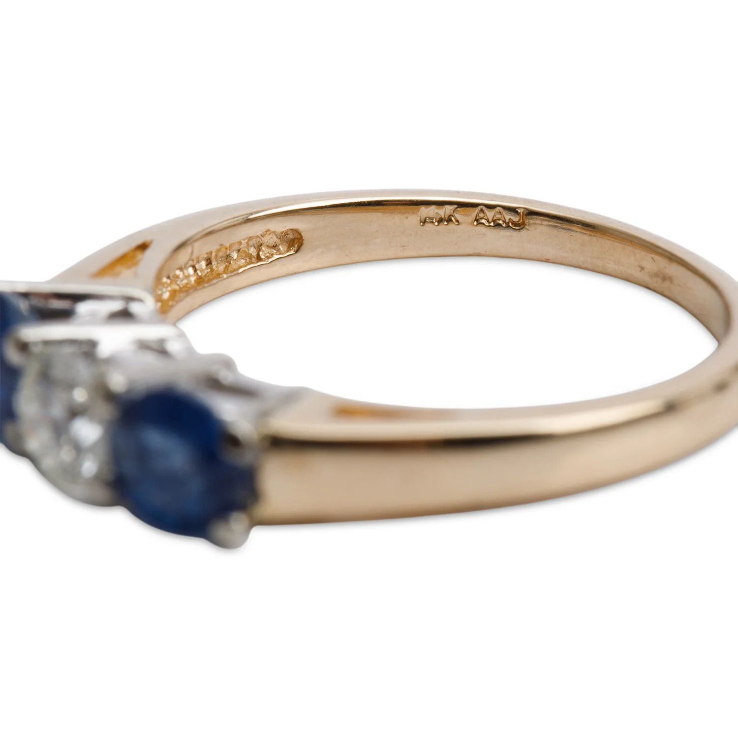 14k Yellow and White Gold Blue Sapphire & Diamond Three Stone Ring, Size 6.75 - Image 3
