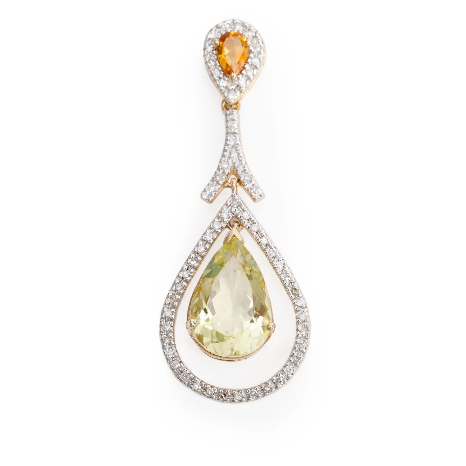 14k Yellow and White Gold Citrine & Diamond Drop Pendant
