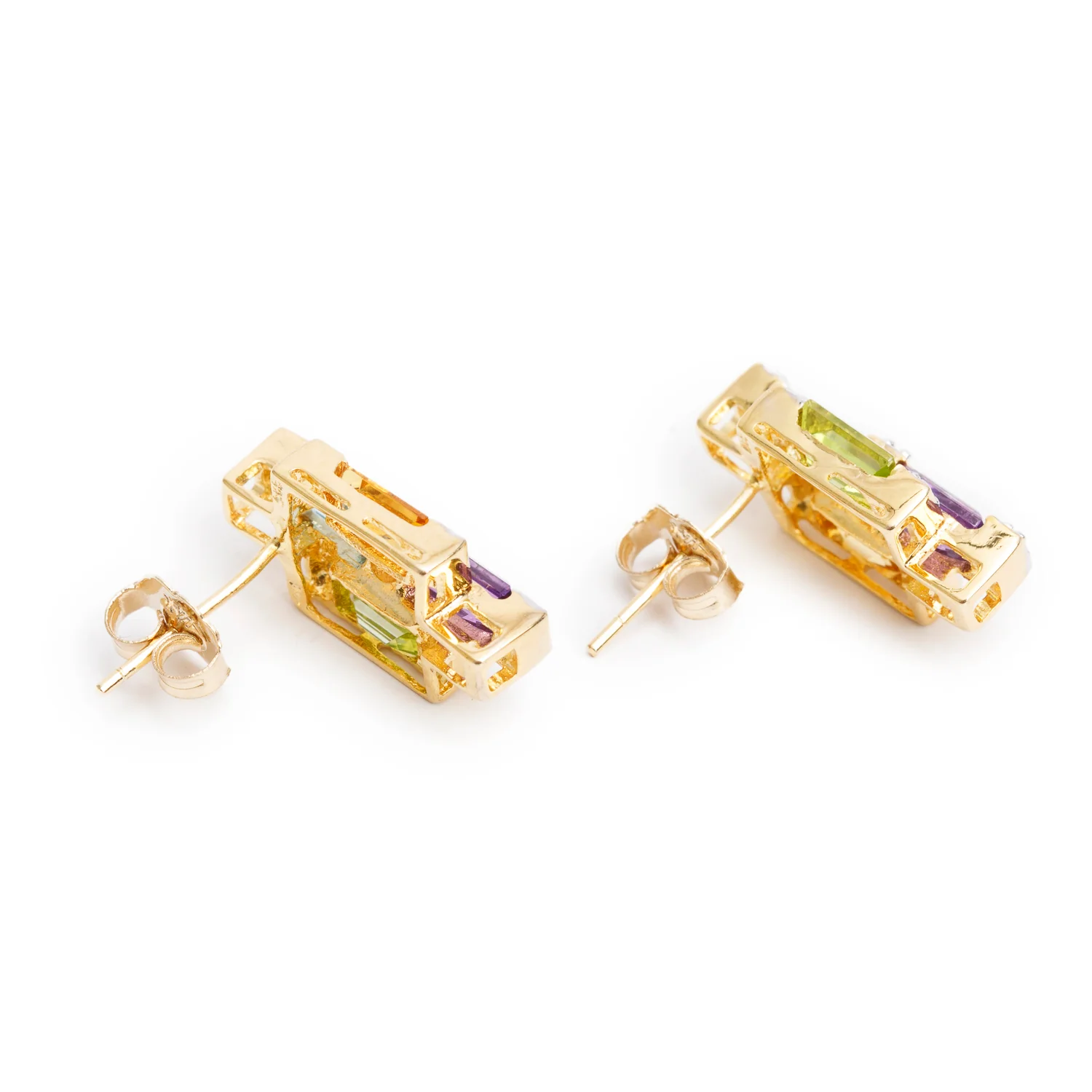 14k Yellow Gold Multicolored Stones and Diamond Earrings - Image 2