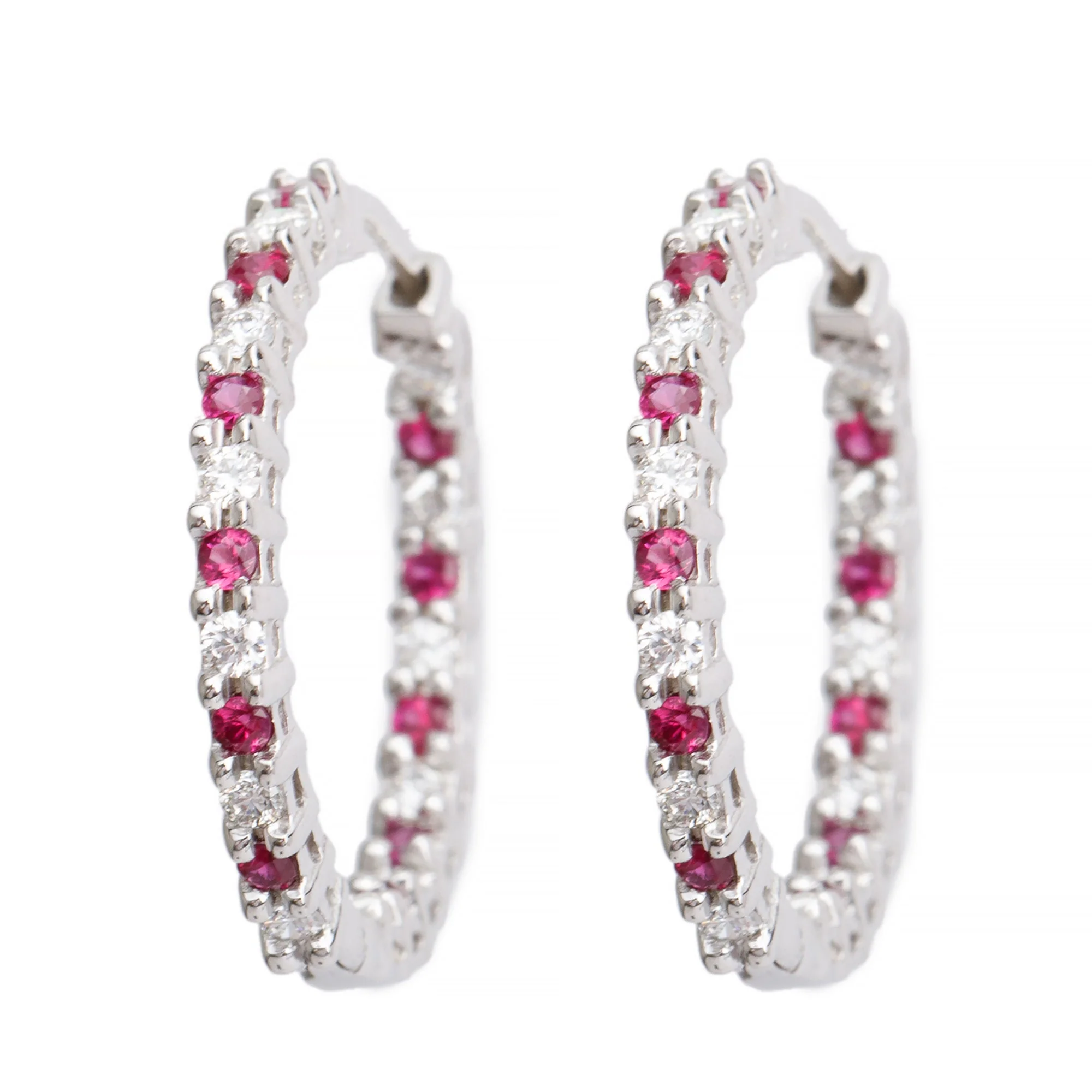 18k White Gold Ruby & Diamond Hoop Earrings - Image 2