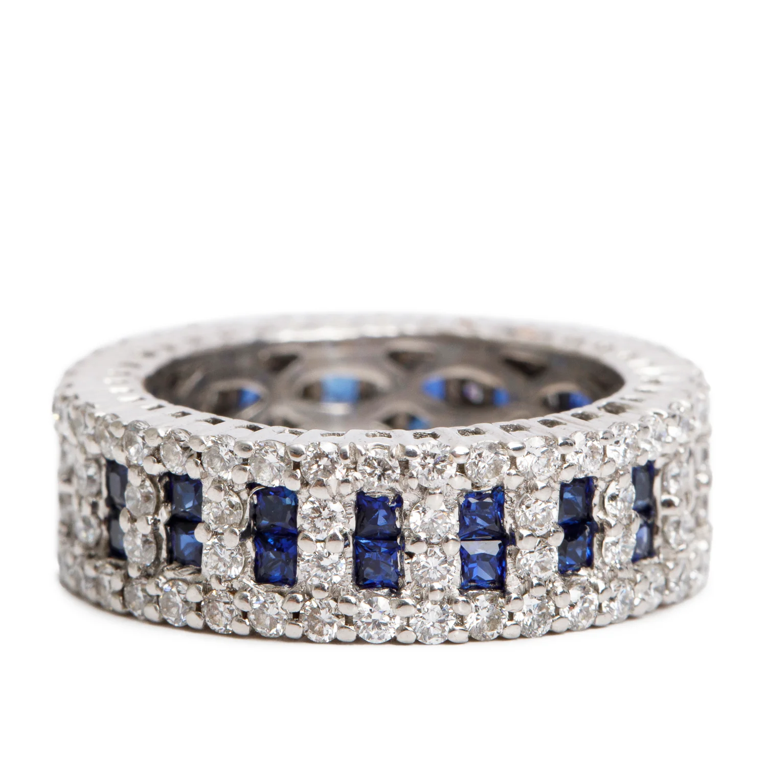 18k White Gold Sapphire and Diamond Band Ring, Size 5.25