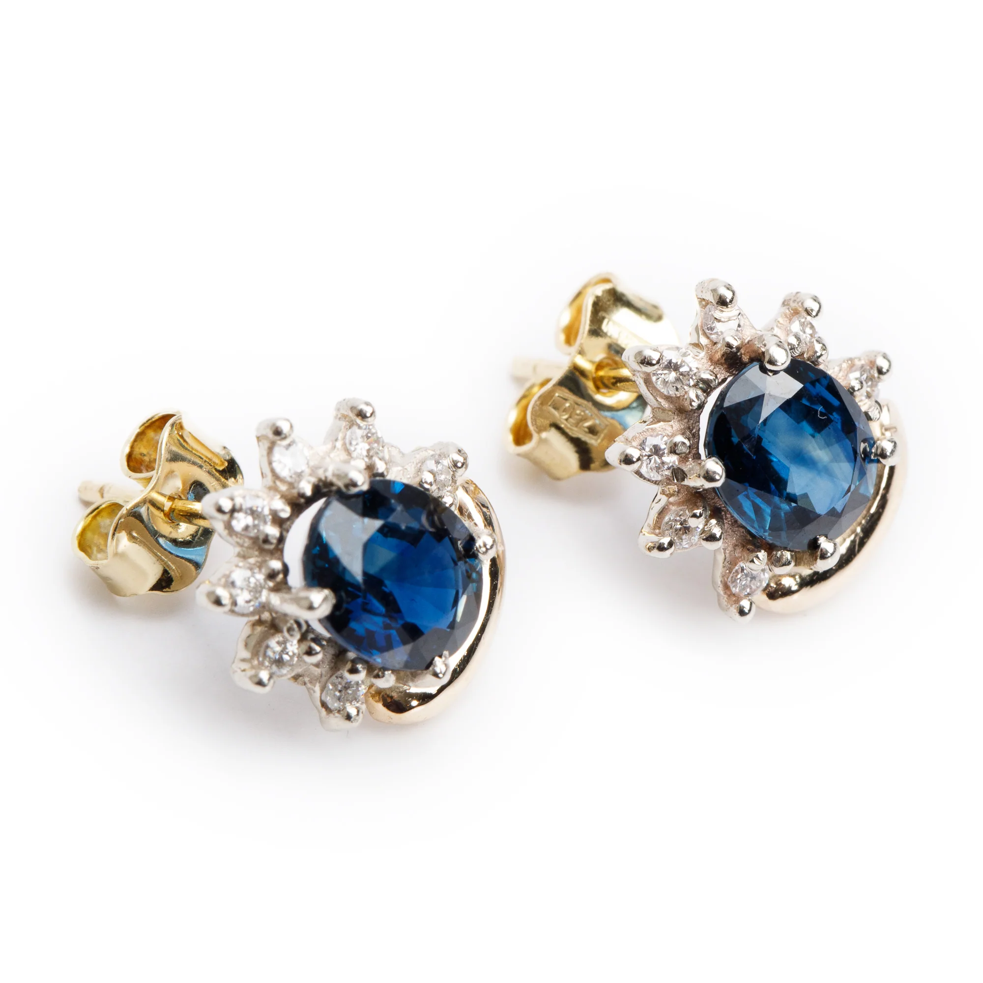18k Yellow and White Gold Blue Sapphire & Diamond Earrings Stud Earrings - Image 2