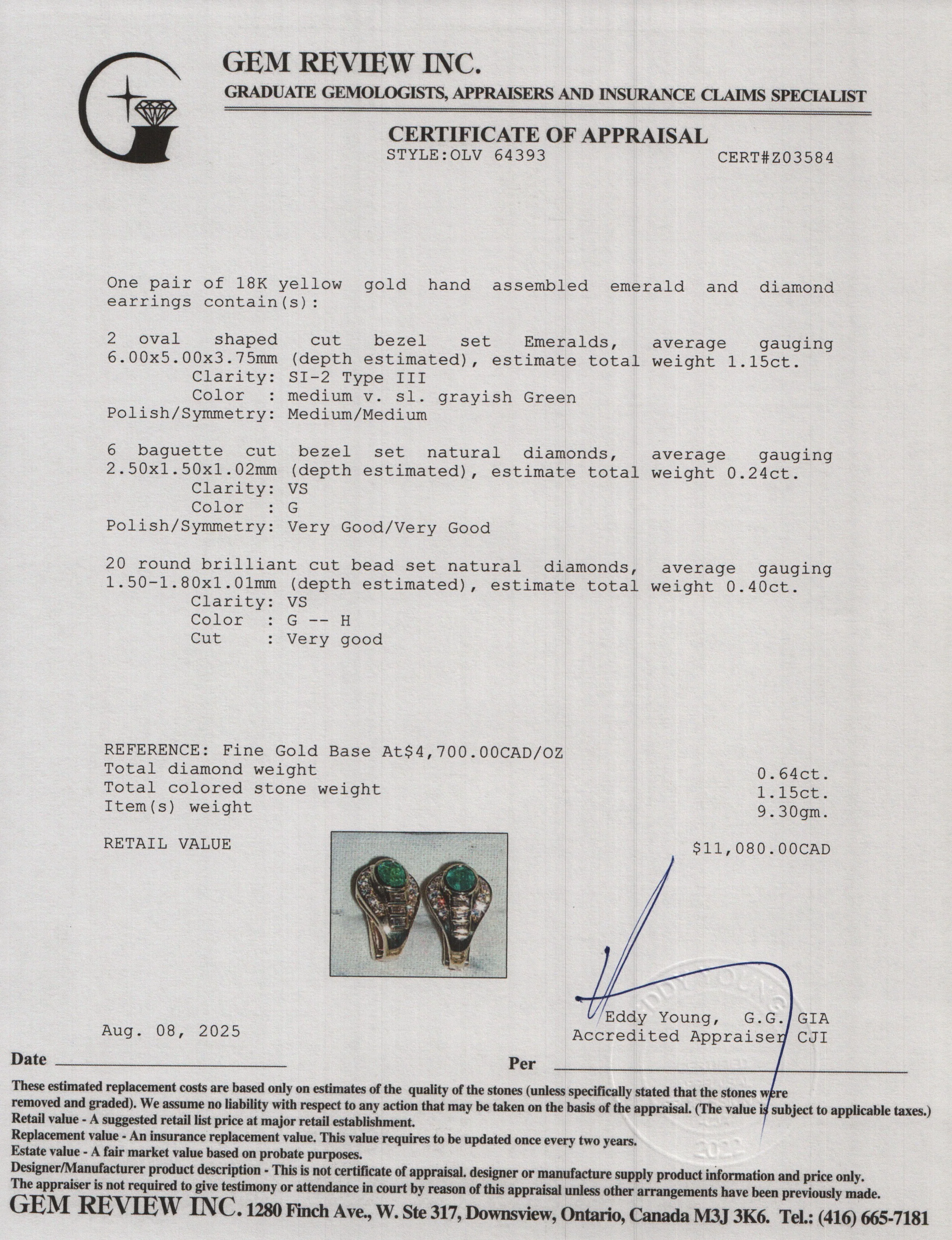 18k Yellow Gold Emerald and Diamond Earrings - Image 4