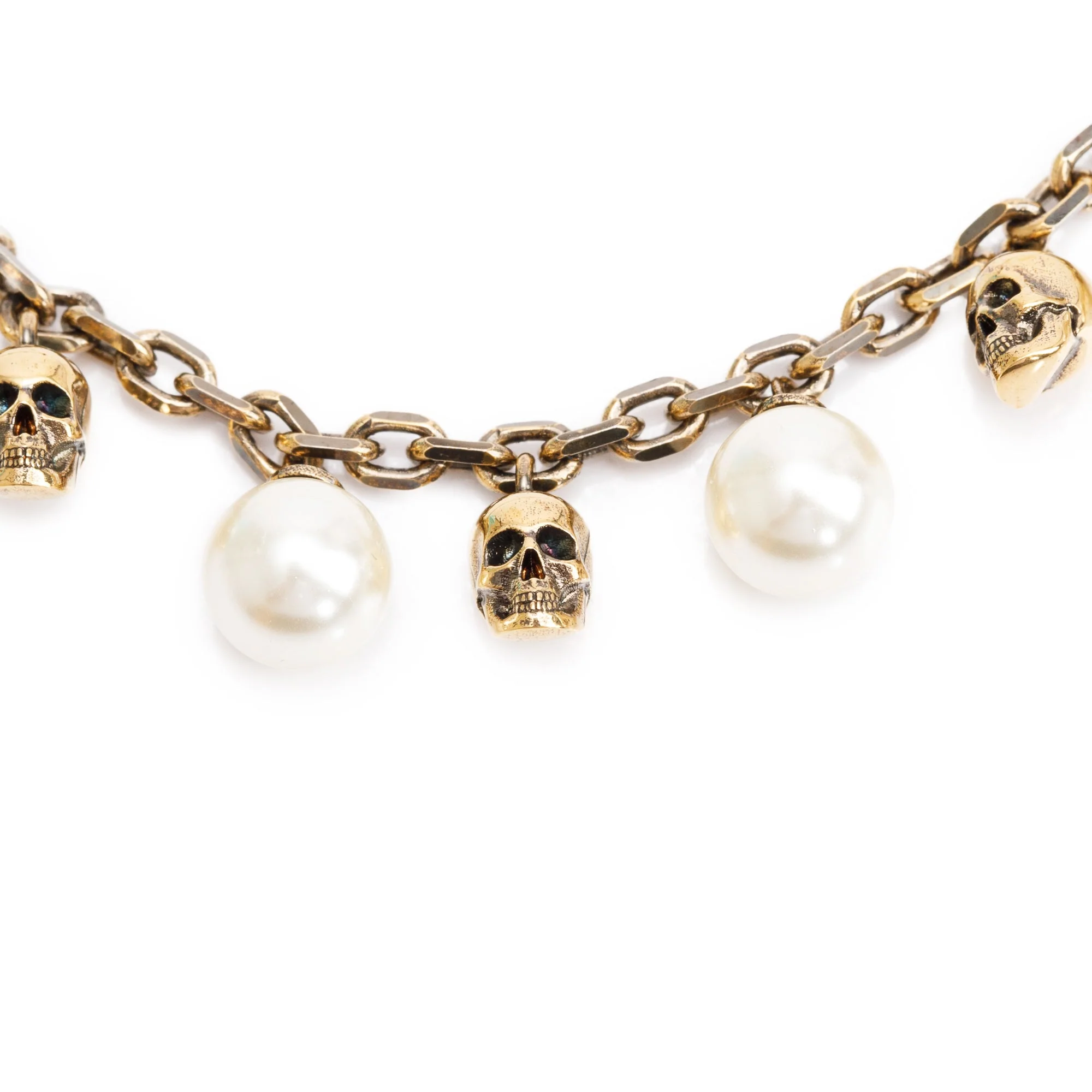 Alexander Mcqueen Antique Gold Tone Pearly Skull Necklace w/ Box - Image 5