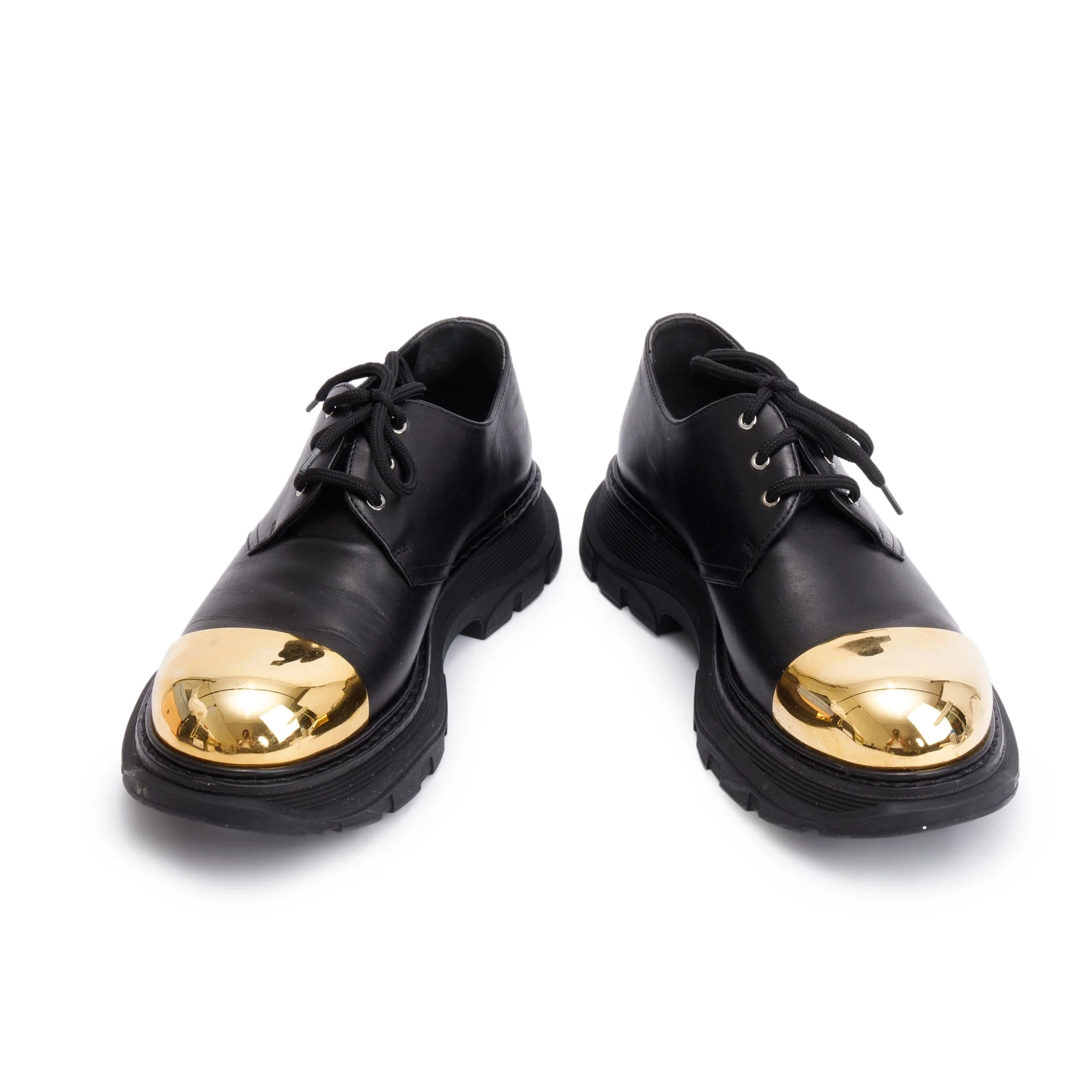 Alexander McQueen Black Calfskin Leather Gold Metal Toe Derby Shoes, Size 41 - Image 4