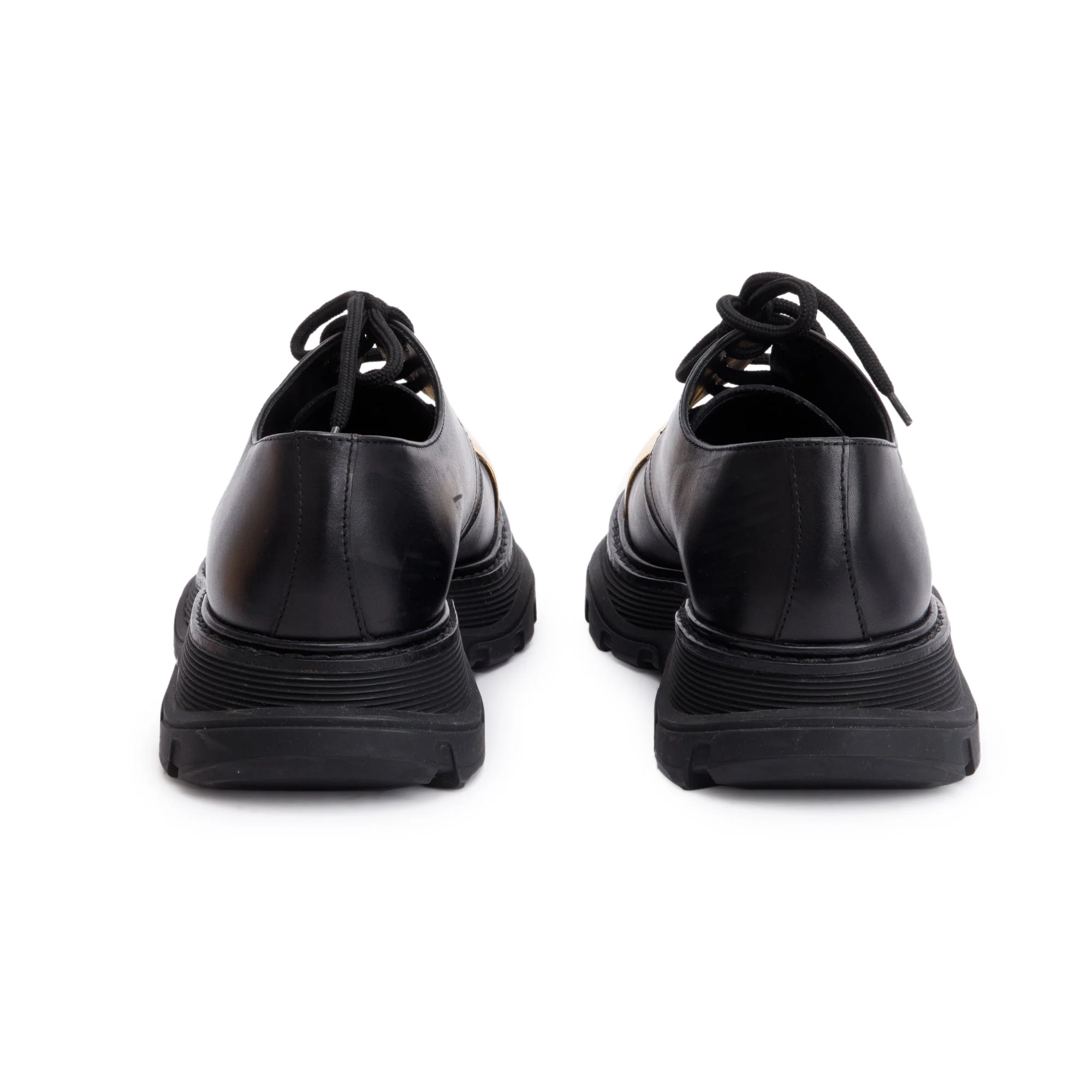 Alexander McQueen Black Calfskin Leather Gold Metal Toe Derby Shoes, Size 41 - Image 5