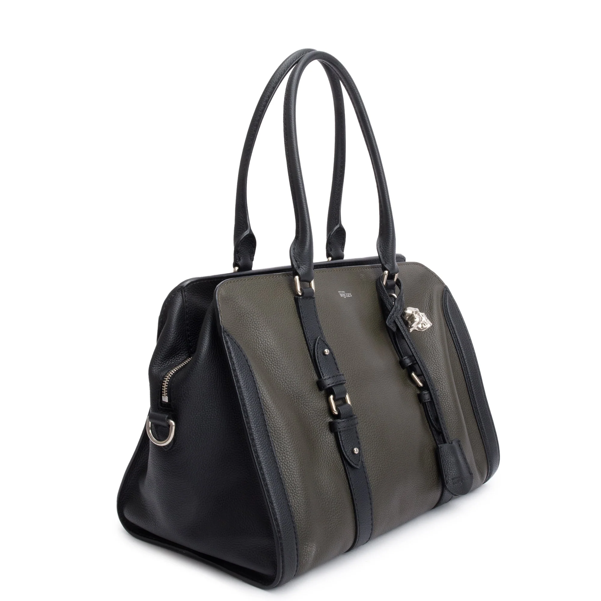 Alexander McQueen Black Calfskin Leather Large Padlock Zip Around Tote w/ Strap - Image 4