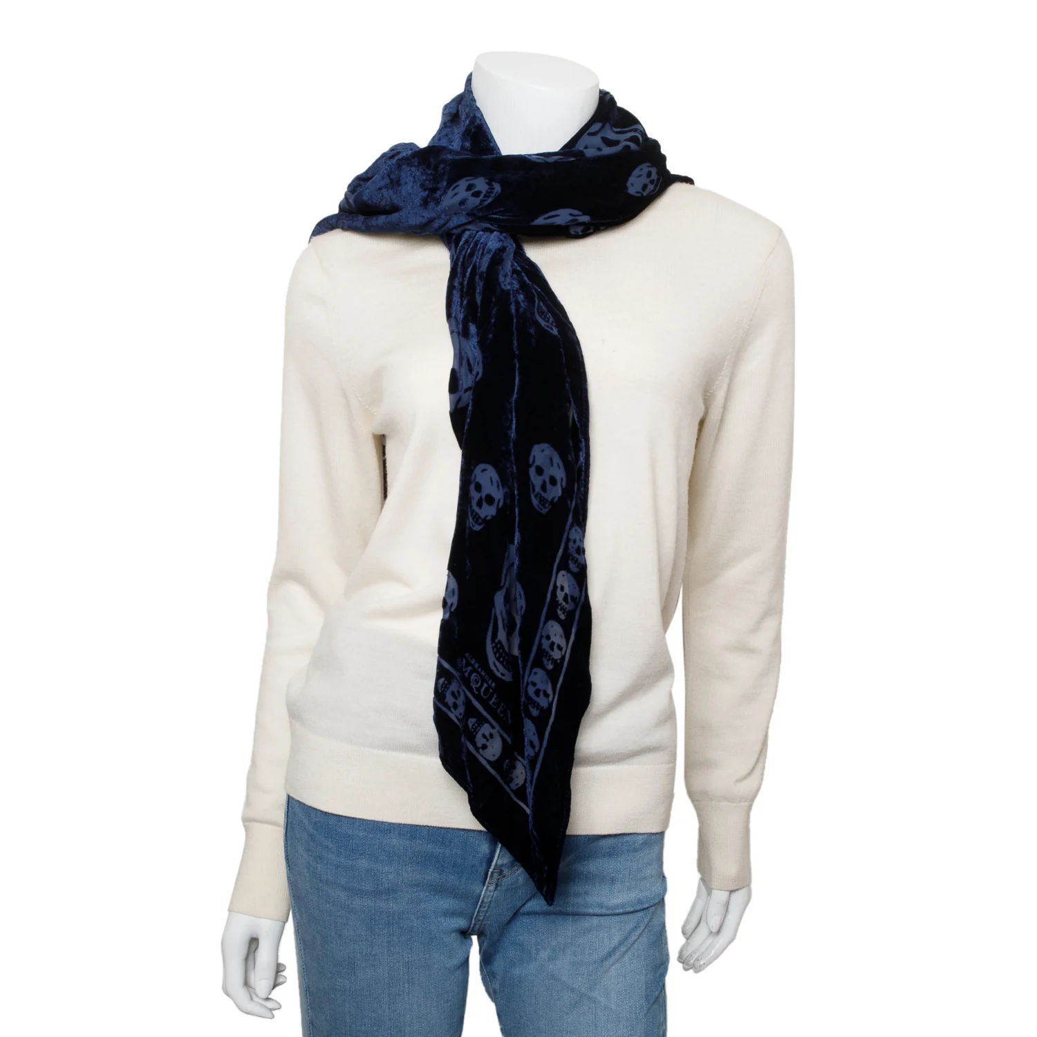 Alexander McQueen Blue Skull Printed Velvet Silk Scarf - Image 2