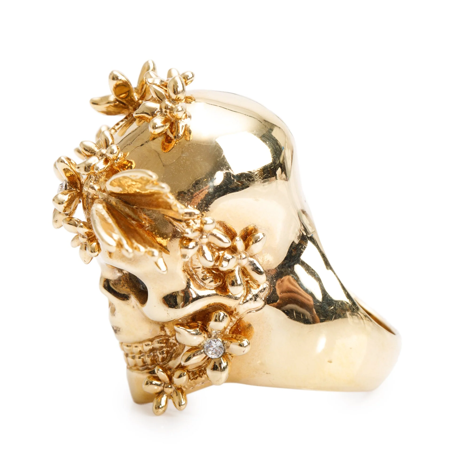 Alexander McQueen Gold Plated Crystal Skull & Flower Cocktail Ring, Size 5.25 - Image 4