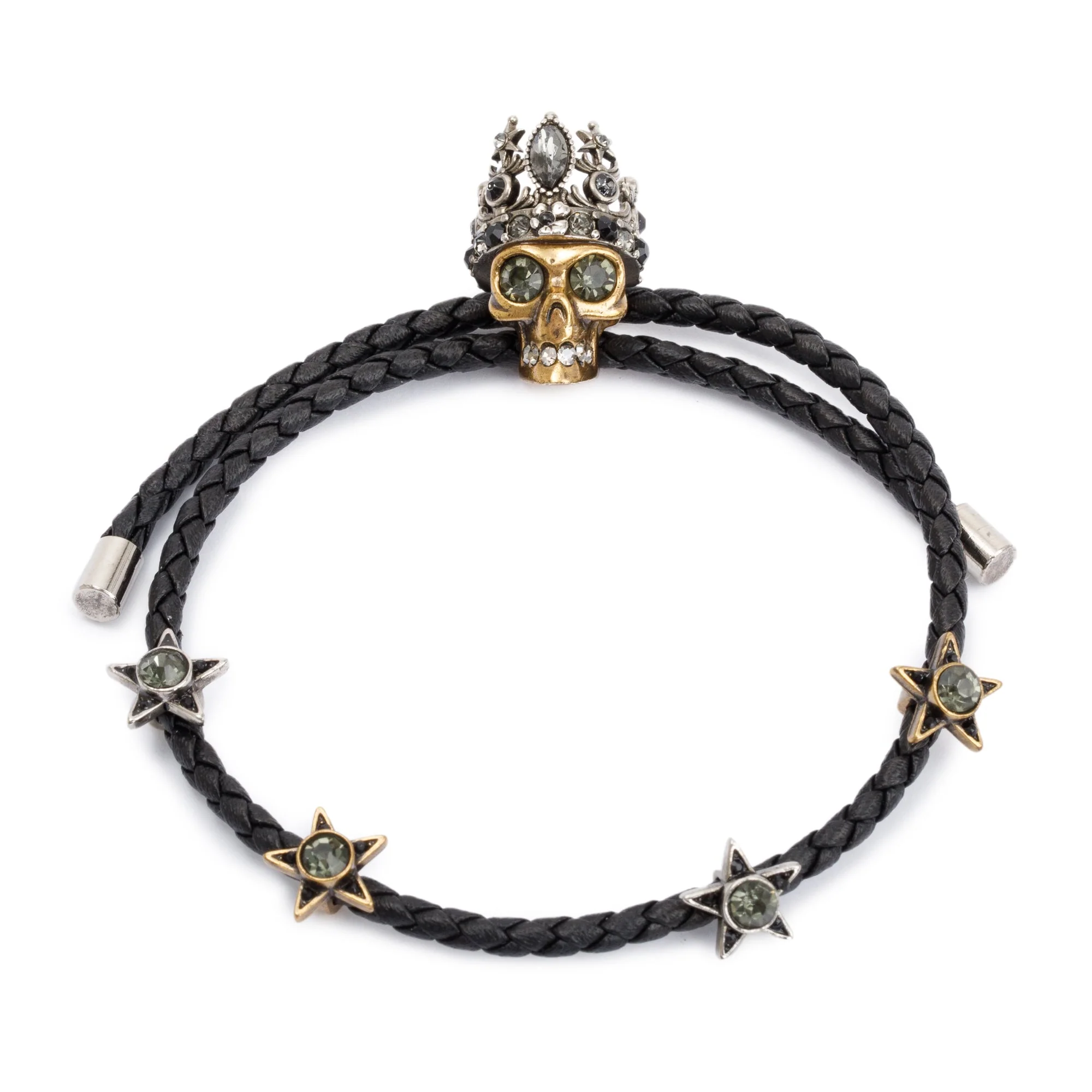 Alexander Mcqueen Gold Plated Metal & Crystal Crown Skull Wrap Leather Bracelet - Image 2