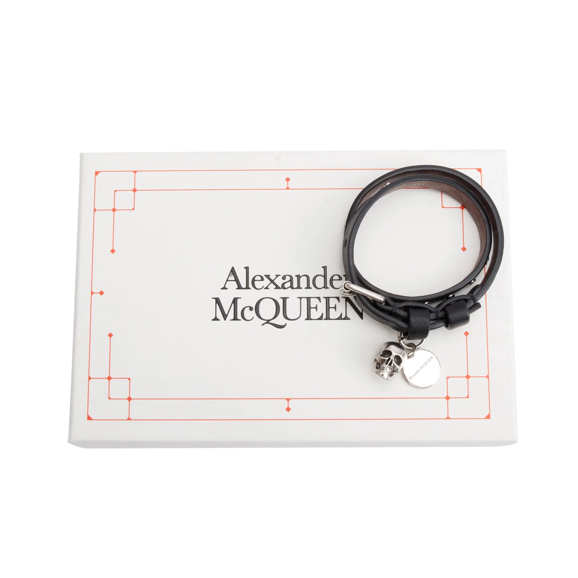 Alexander Mcqueen Silver Plated Skull Studded Double Wrap Leather Bracelet w/ Box - Image 2