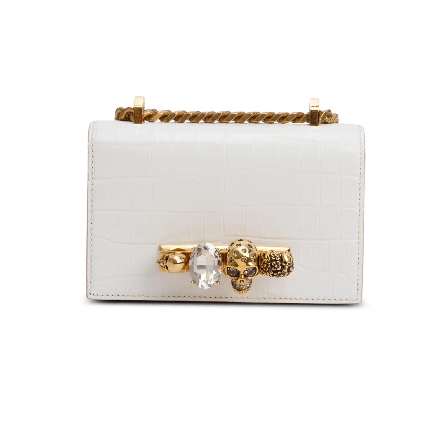 Alexander McQueen White Calfskin Shiny Croc Embossed Mini Jeweled Satchel - Image 3