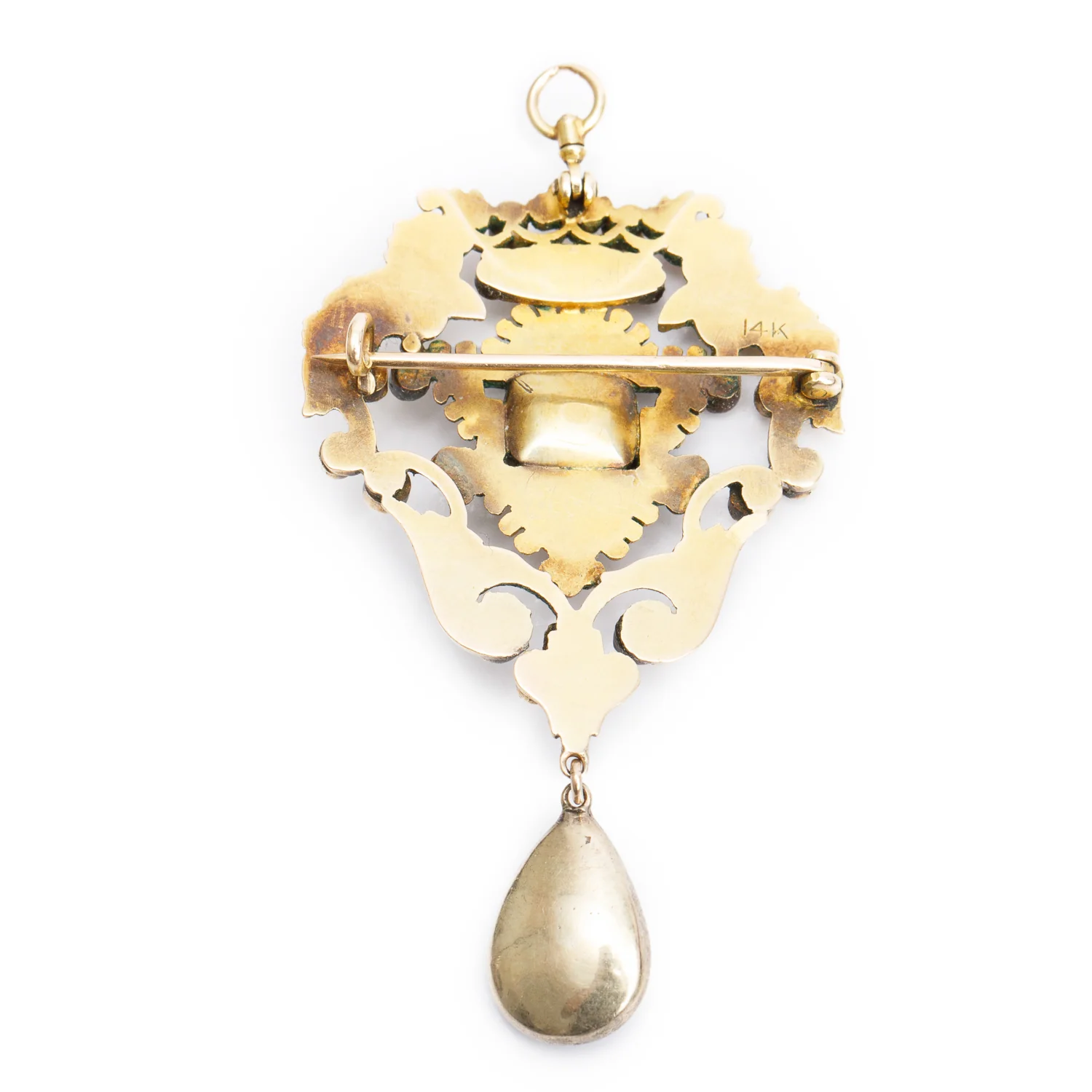 Antique 14k Yellow Gold Multi Color Enamel & Diamond Pendant Brooch - Image 2