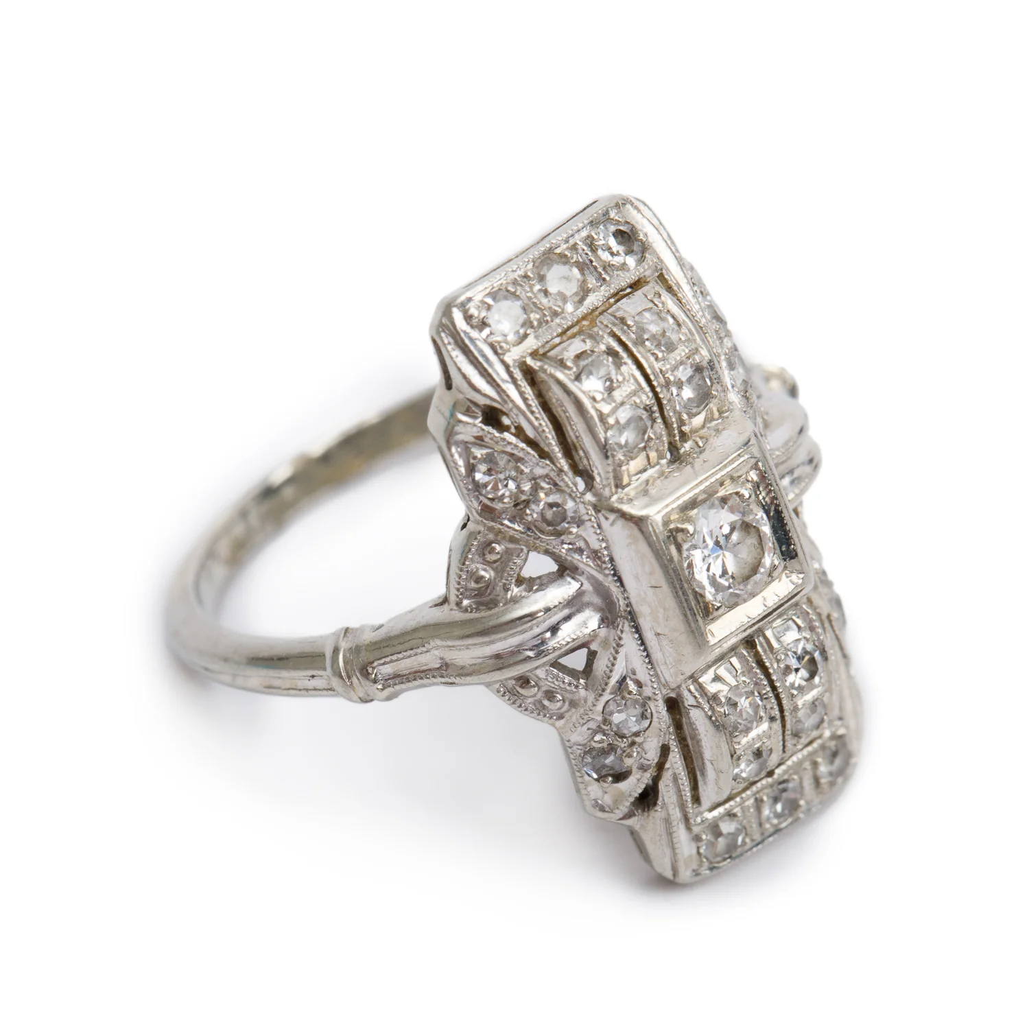 Antique 18k White Gold Diamond Filigree Ring, Size 5.5 - Image 2