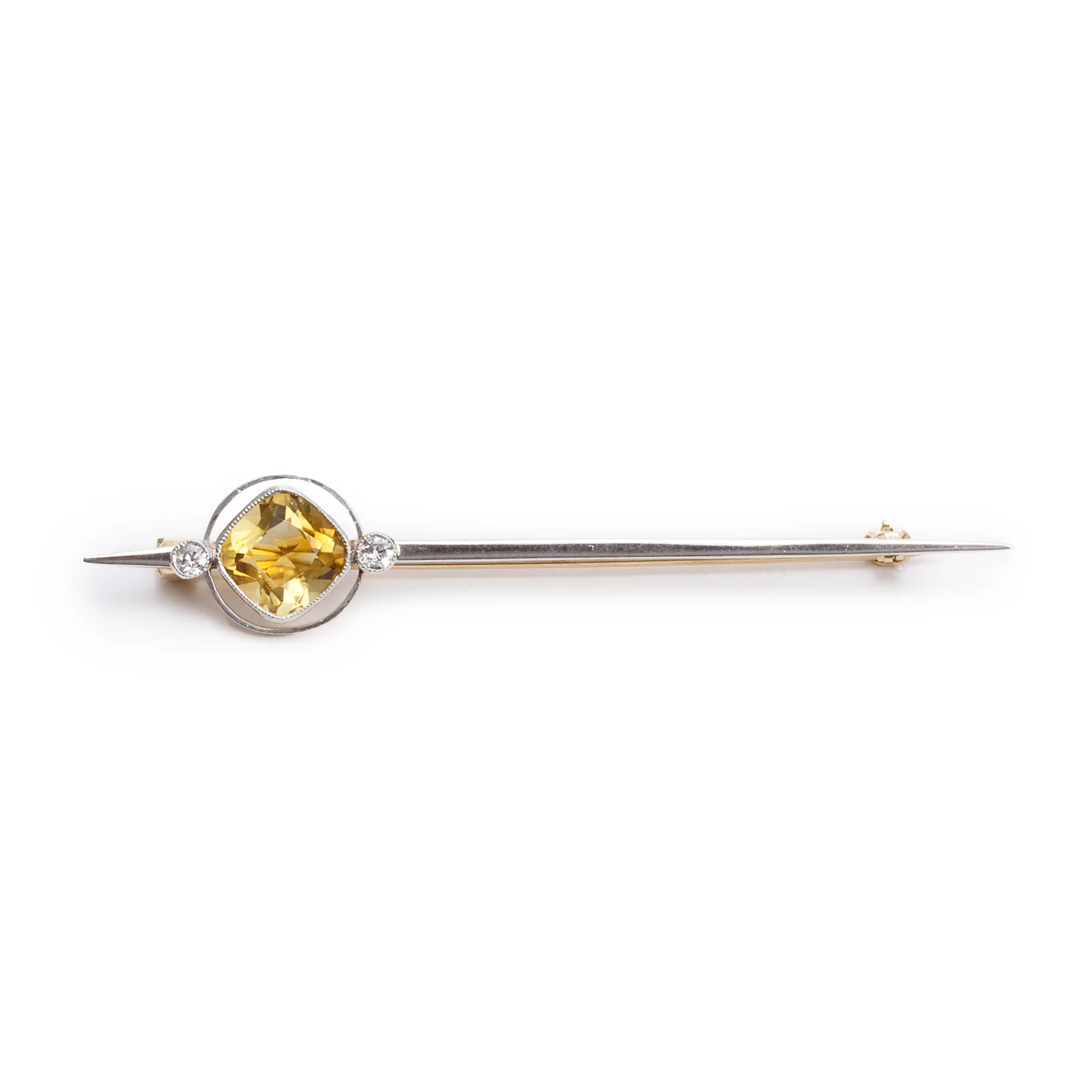 Antique Platinum & 14k Yellow Gold Citrin & Diamond Art Deco Bar Brooch