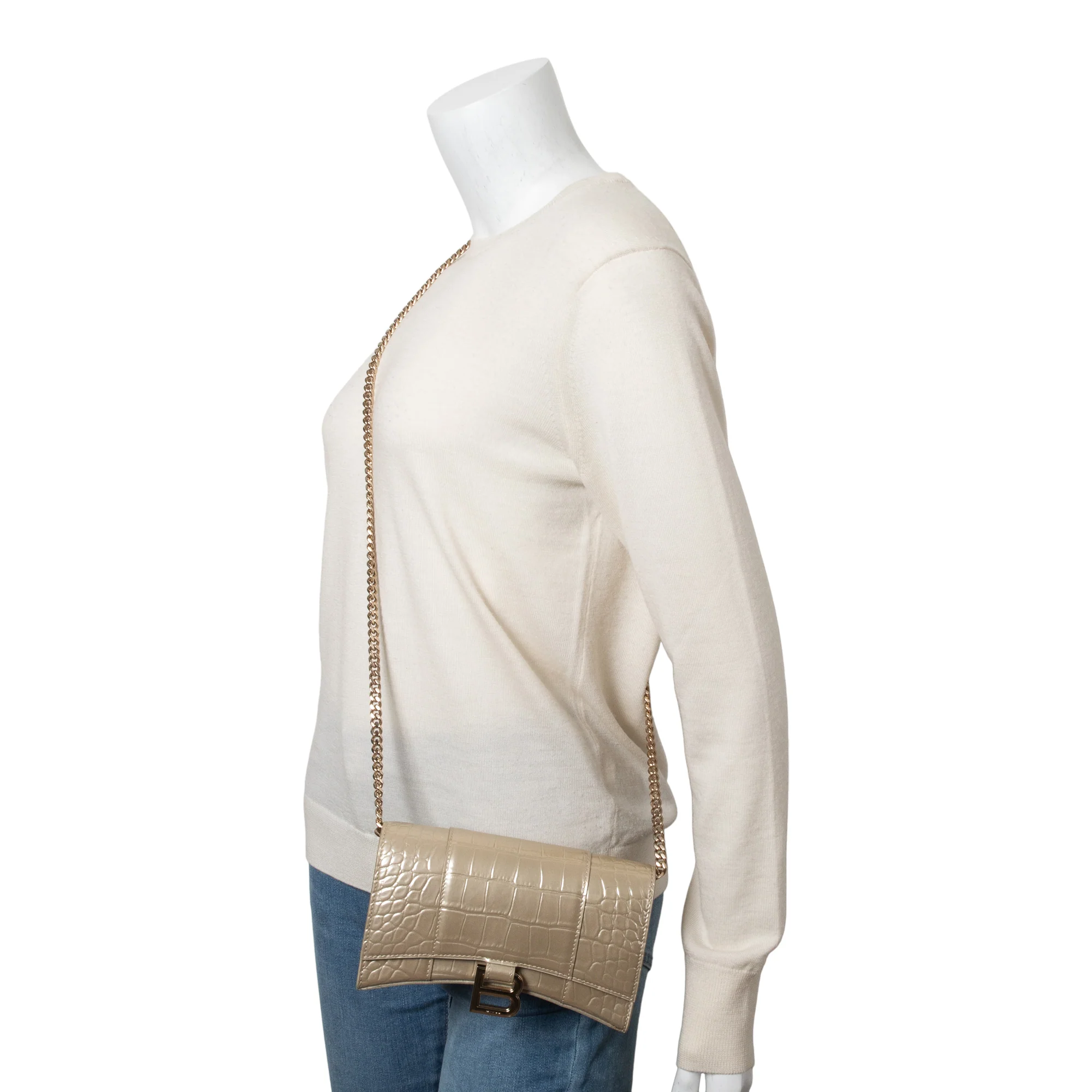 Balenciaga Beige Croc Embossed Hourglass Wallet on Chain - Image 2