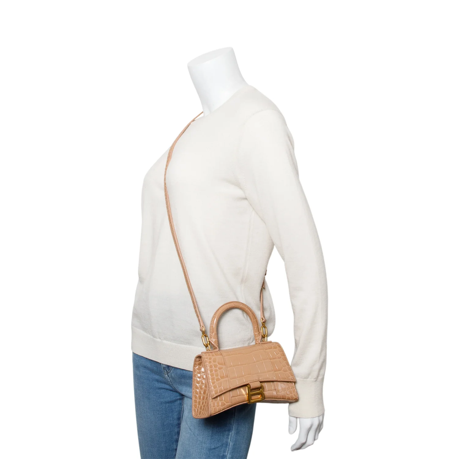 Balenciaga Beige Croc-Embossed Leather XS Hourglass Top Handle Bag w/ Strap - Image 2