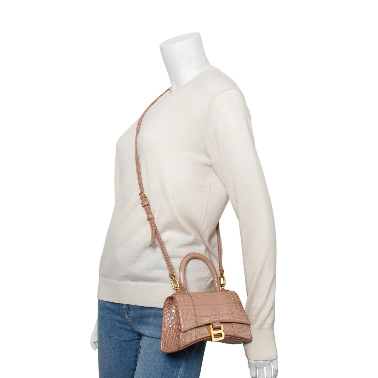 Balenciaga Beige Croc-Embossed Leather XS Hourglass Top Handle Bag w/ Strap - Image 2