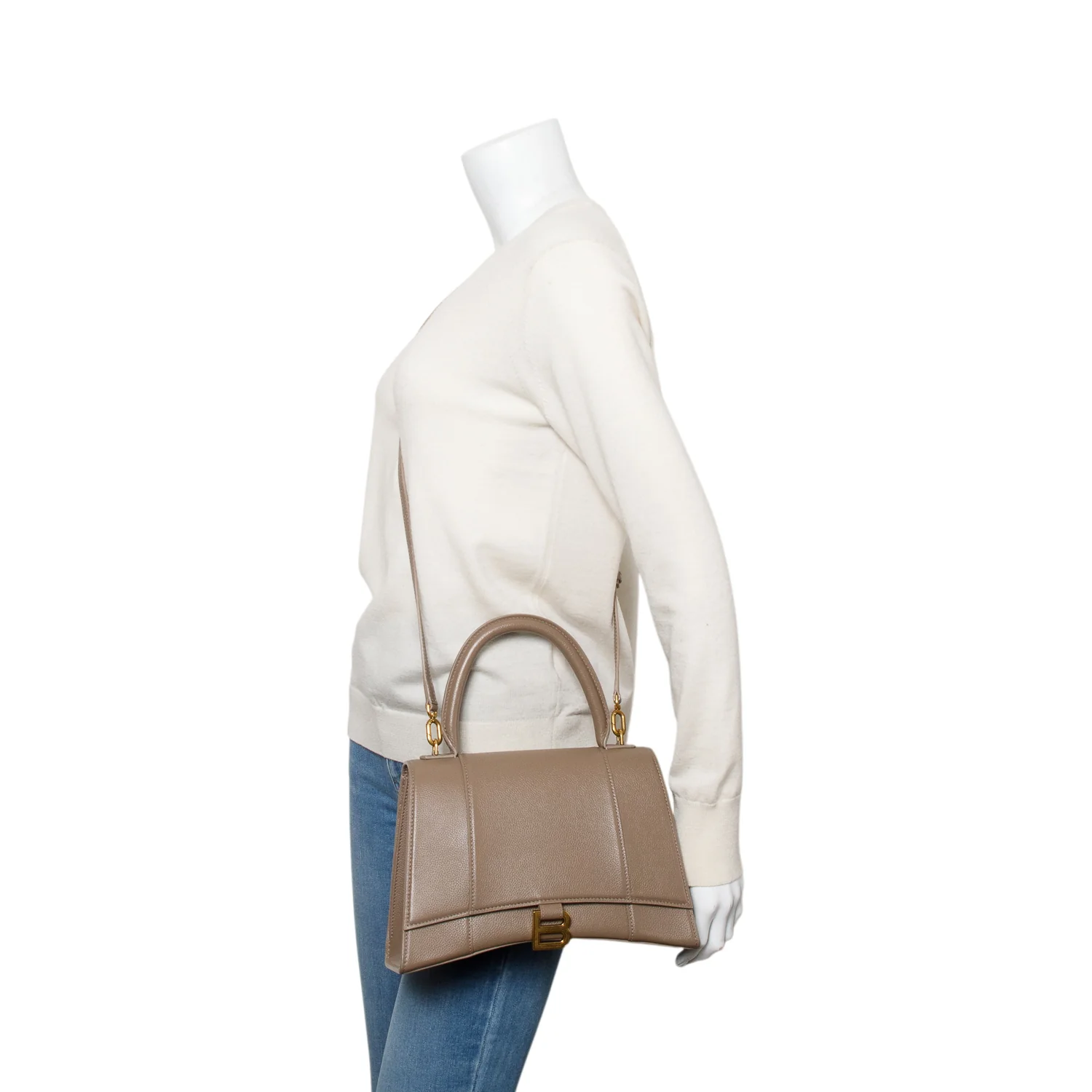 Balenciaga Beige Grained Leather Medium Hourglass Top Handle Bag w/ Strap - Image 2