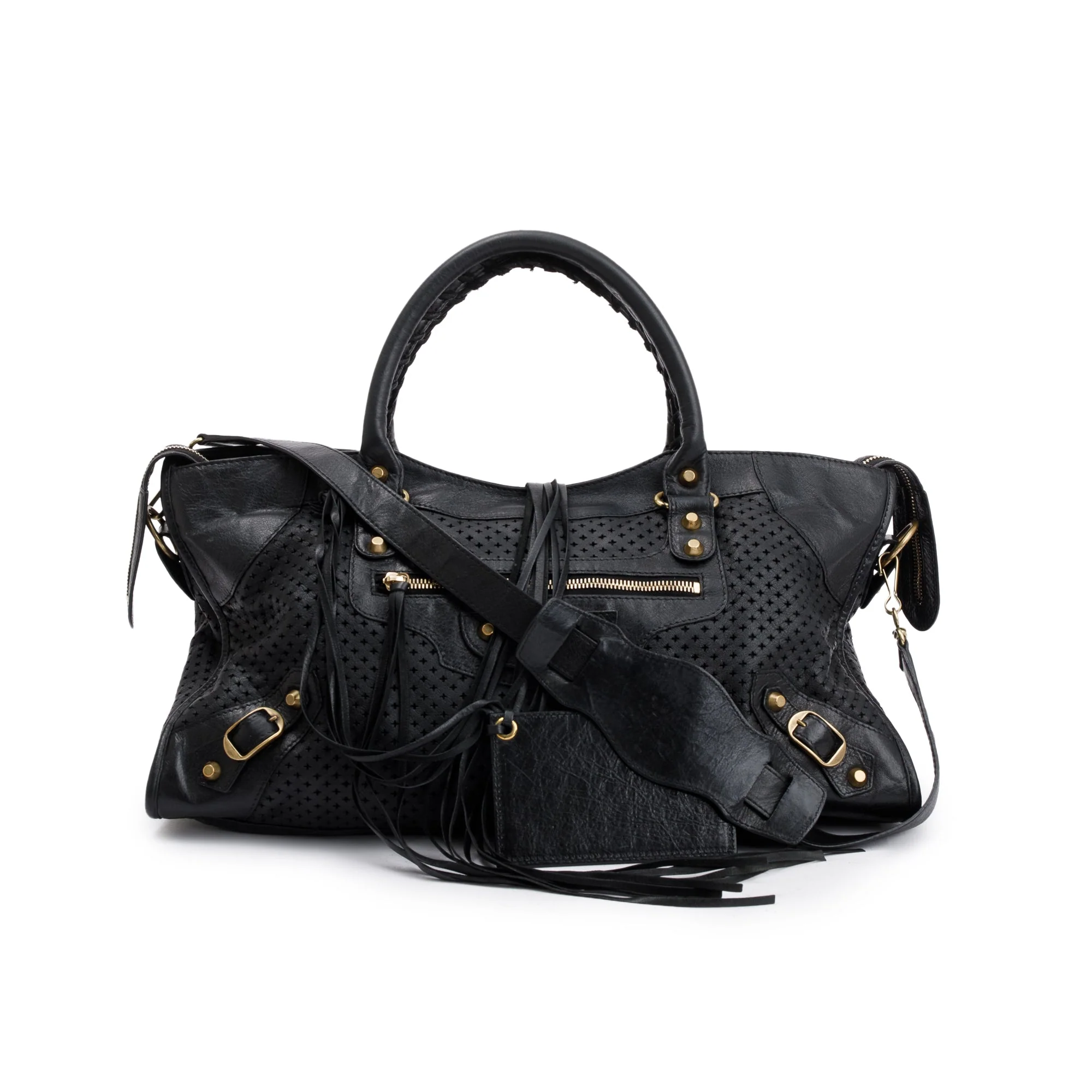 Balenciaga Black Perforated Arena Leather Motocross City Bag