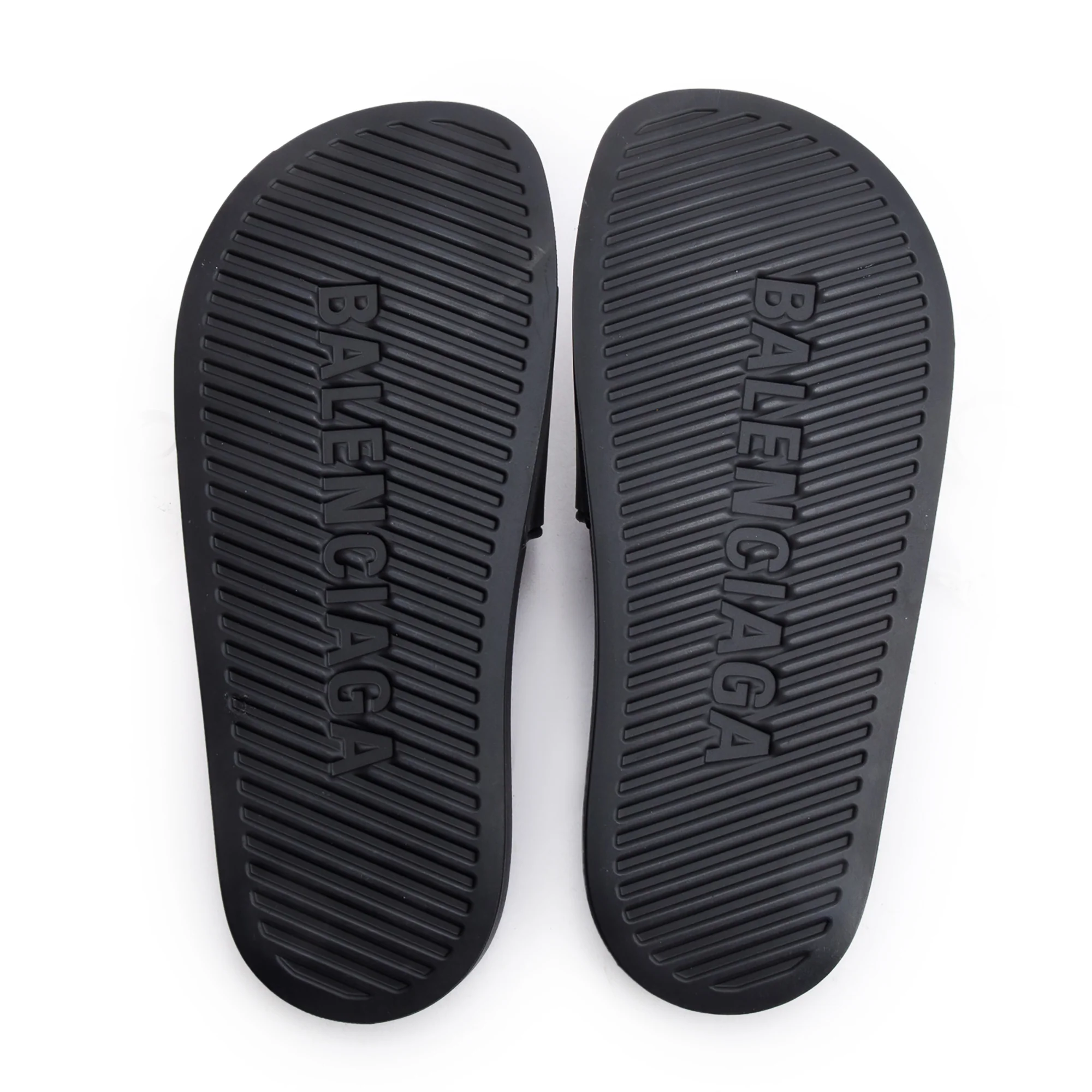 Balenciaga Black Rubber Printed Logo Pool Slide Sandals, Size 37 w/ Box - Image 6