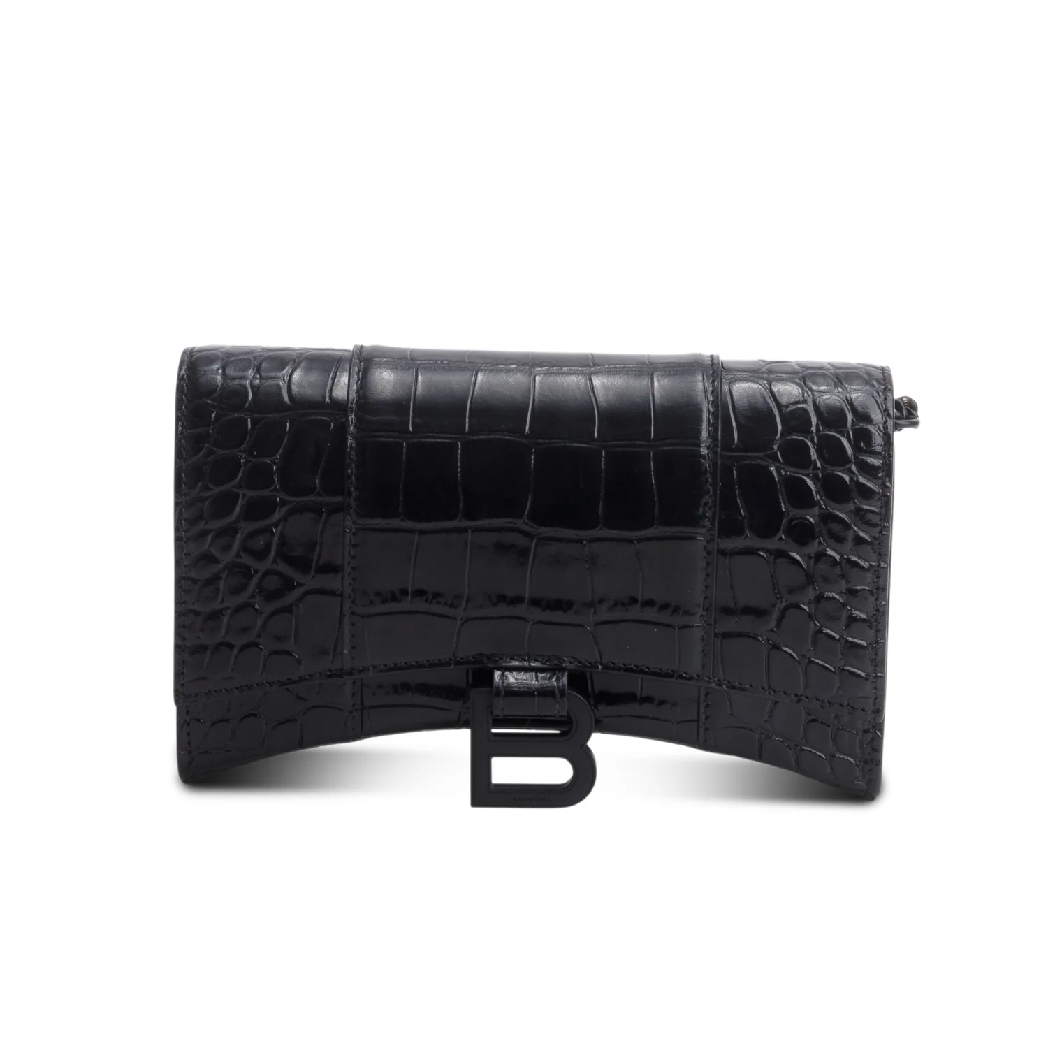 Balenciaga Black Shiny Croc Embossed Calfskin Monochrome Hourglass Wallet on Chain - Image 3