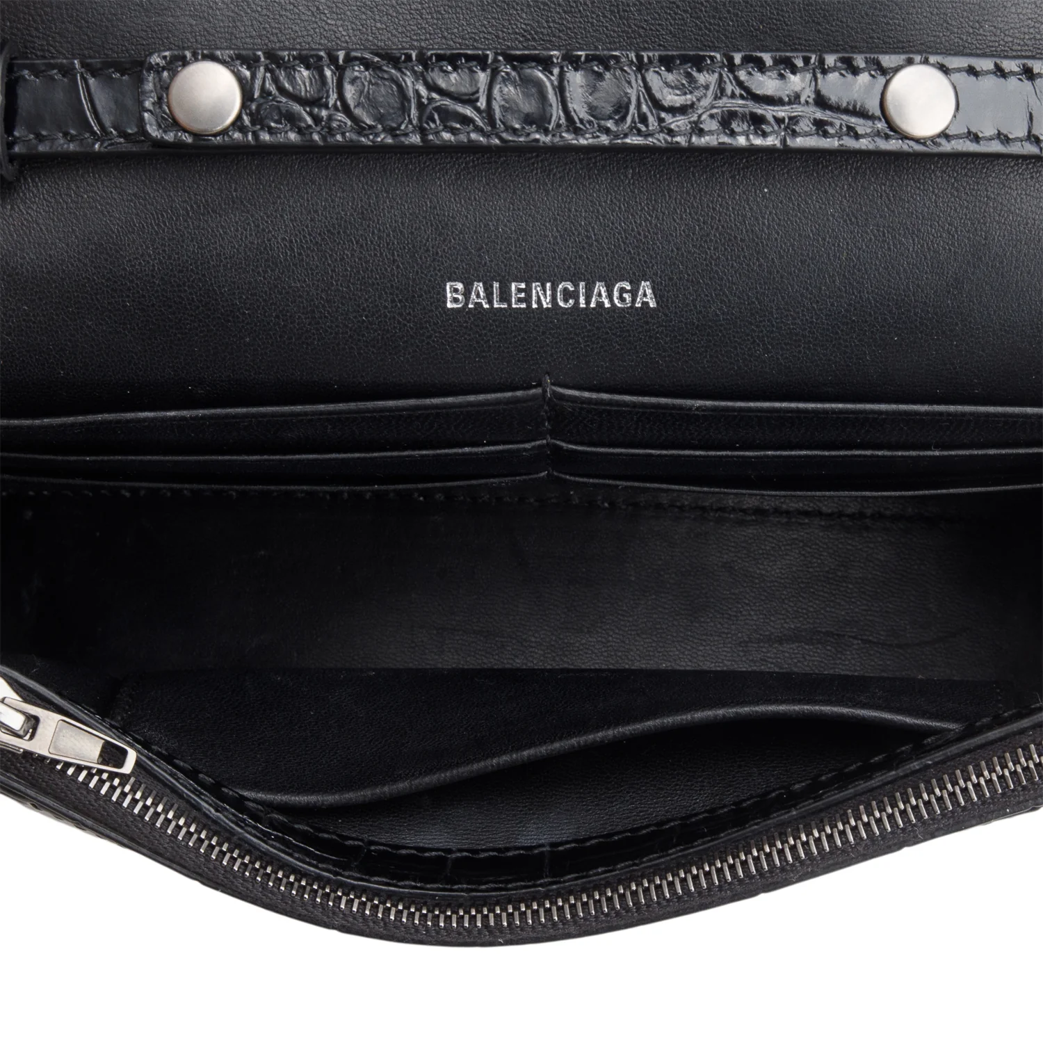 Balenciaga Black Shiny Croc Embossed Calfskin Monochrome Hourglass Wallet on Chain - Image 8