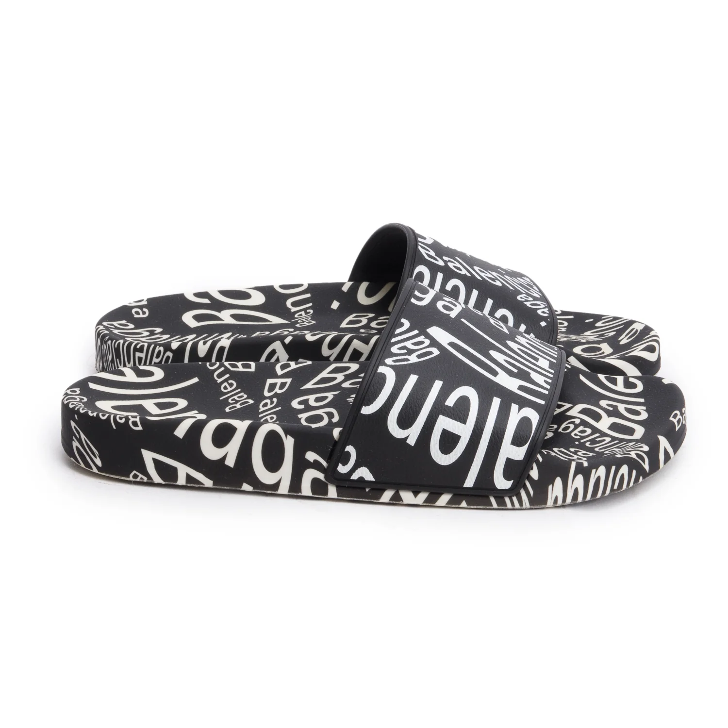 Balenciaga Black/White Rubber All Over Logo Print Pool Slide Sandals, Size 39 w/ Box - Image 3