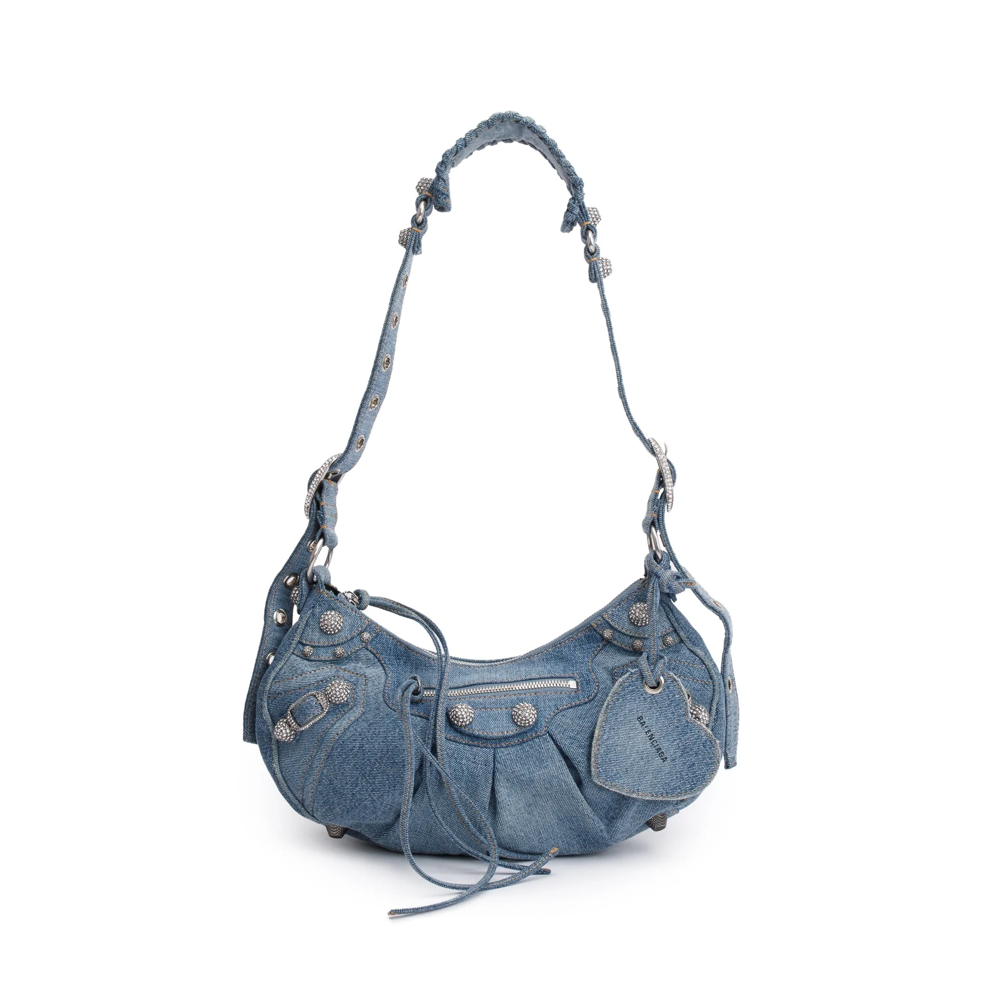 Balenciaga Blue Washed Frayed Denim Rhinestone Le Cagole Small Shoulder Bag - Image 3