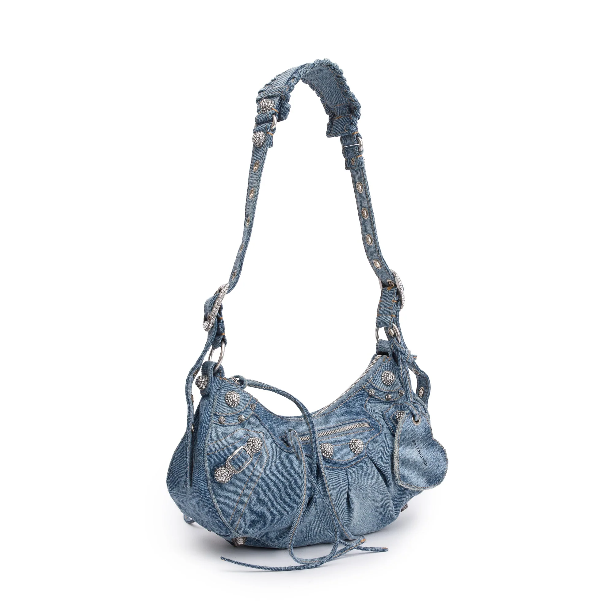 Balenciaga Blue Washed Frayed Denim Rhinestone Le Cagole Small Shoulder Bag - Image 4