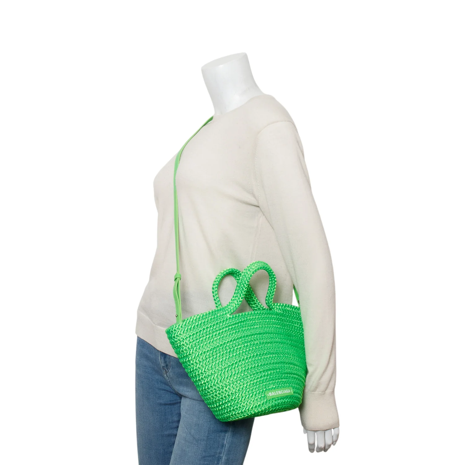 Balenciaga Green Lambskin Woven Small Ibiza Basket w/ Strap - Image 2
