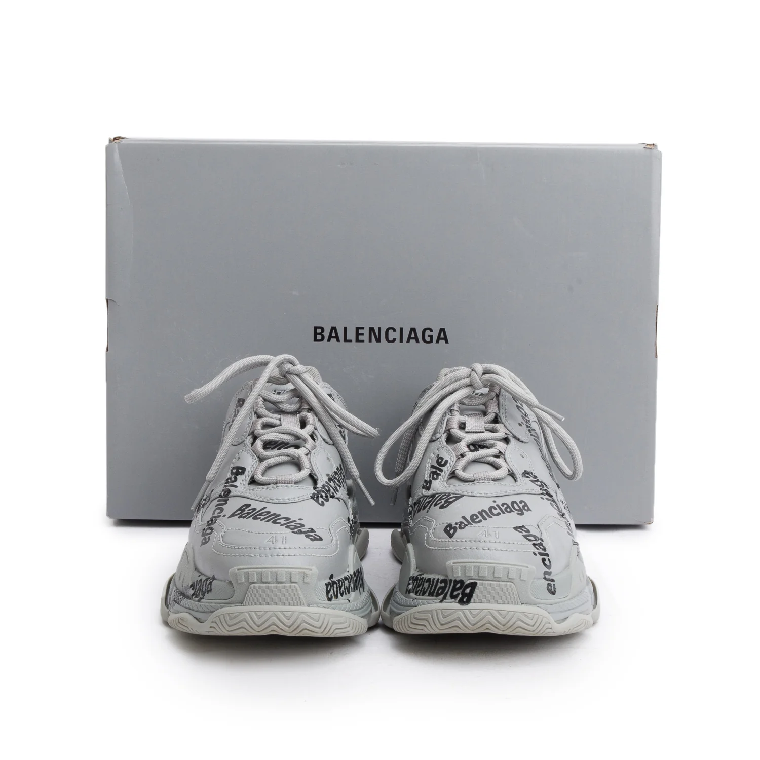 Balenciaga Grey Leather All Over Logo Triple S Chunky Sneakers, Men's Size 41 w/ Box - Image 2