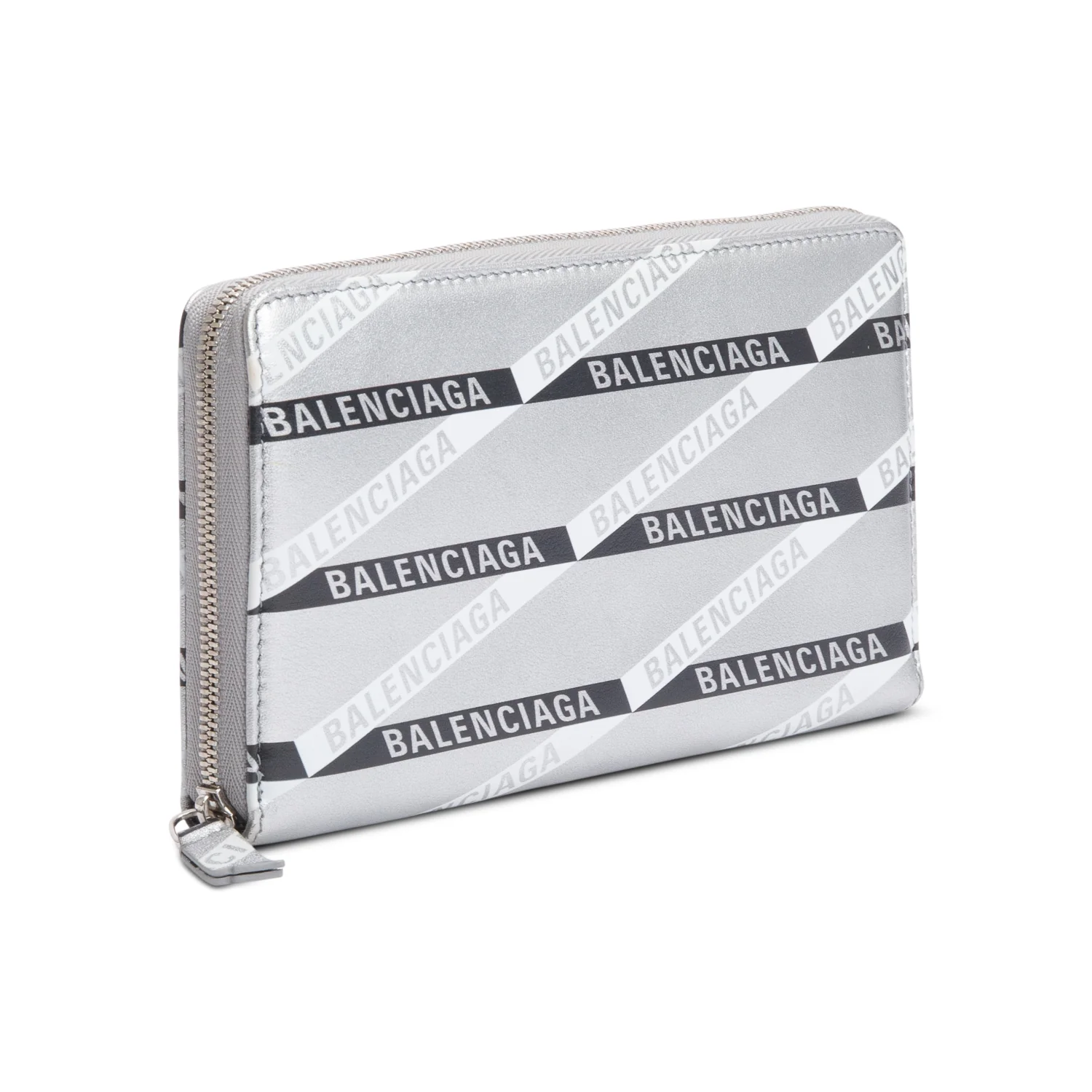 Balenciaga Metallic Silver Logo Print Calfskin Leather Everyday Zip Around Wallet - Image 2