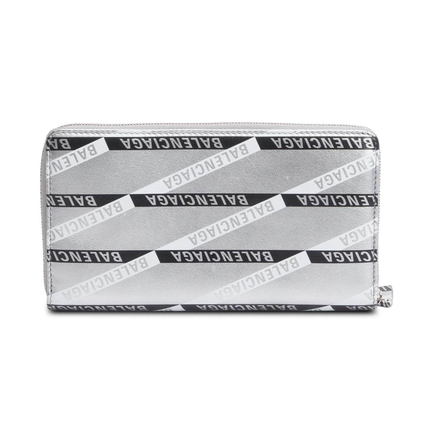 Balenciaga Metallic Silver Logo Print Calfskin Leather Everyday Zip Around Wallet - Image 3