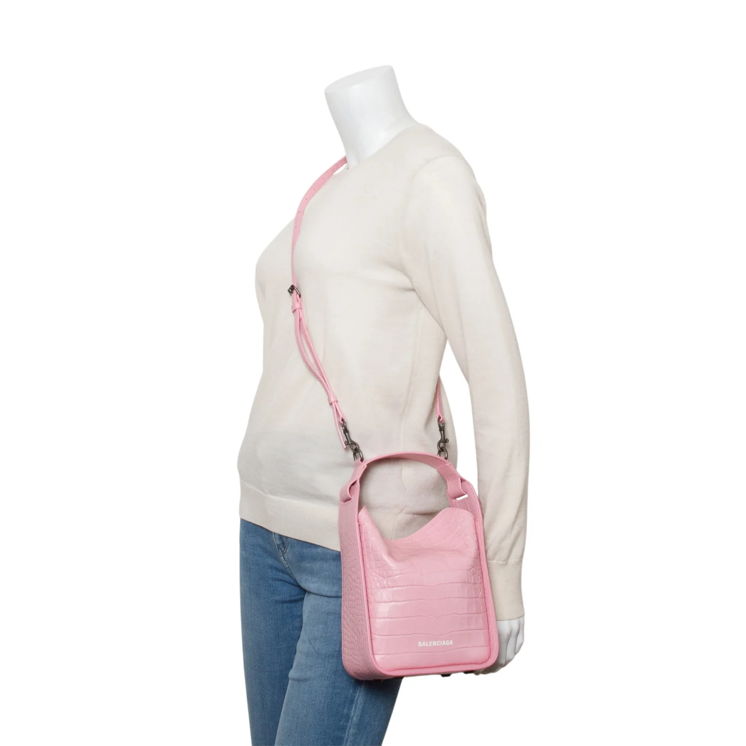 Balenciaga Pink Croc-Embossed Leather Tool 2.0 Small N/S Tote w/ Strap - Image 7