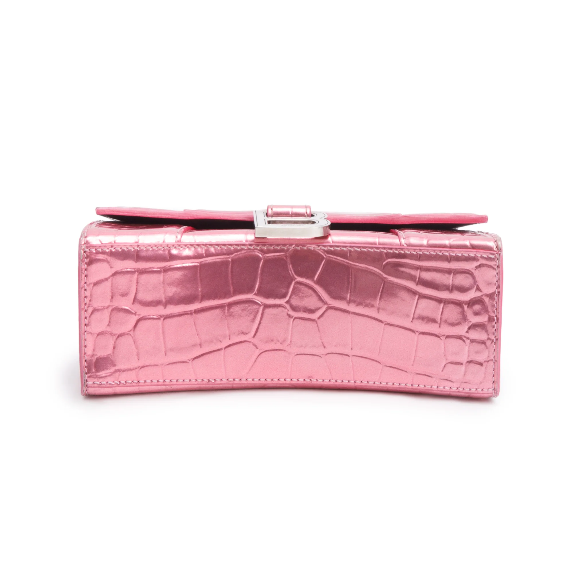 Balenciaga Pink Metallic Croc Embossed XS Hourglass Top Handle Bag w/ Strap - Image 7