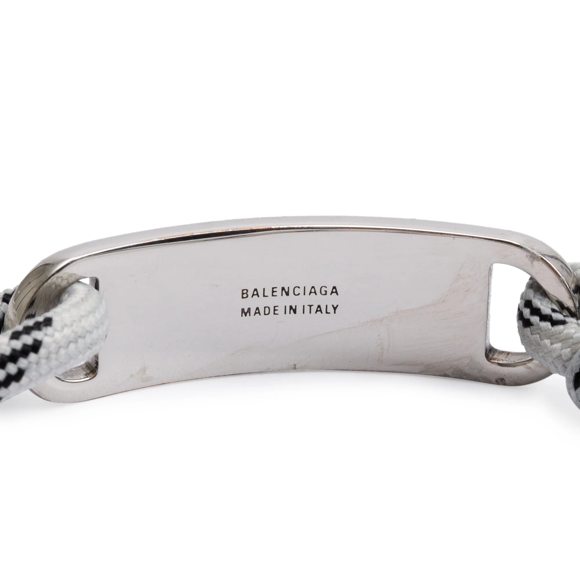 Balenciaga Silver Tone Metal White Cord Plate Bracelet - Image 3