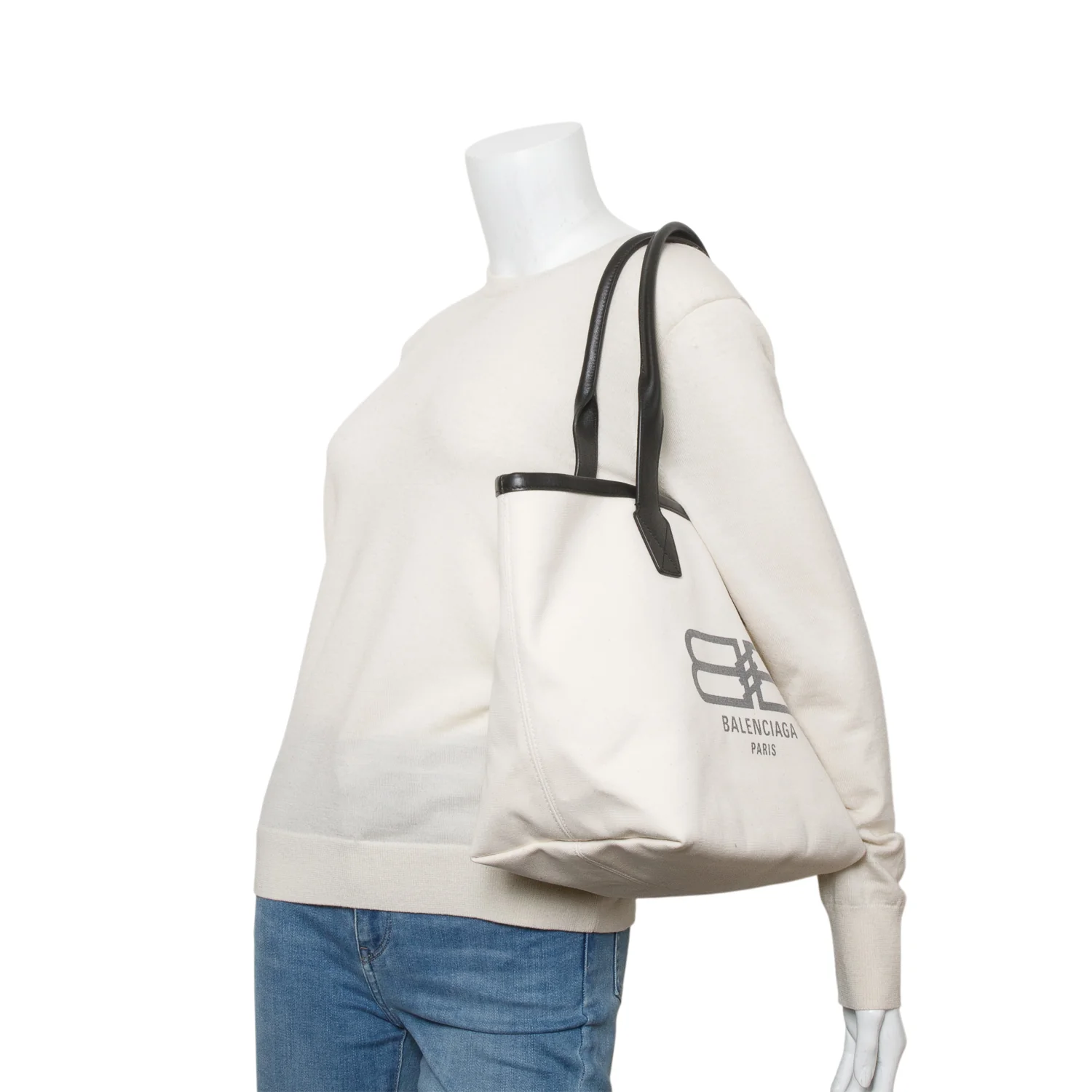 Balenciaga White Cotton Canvas Calfskin BB Logo Jumbo Small Tote - Image 2