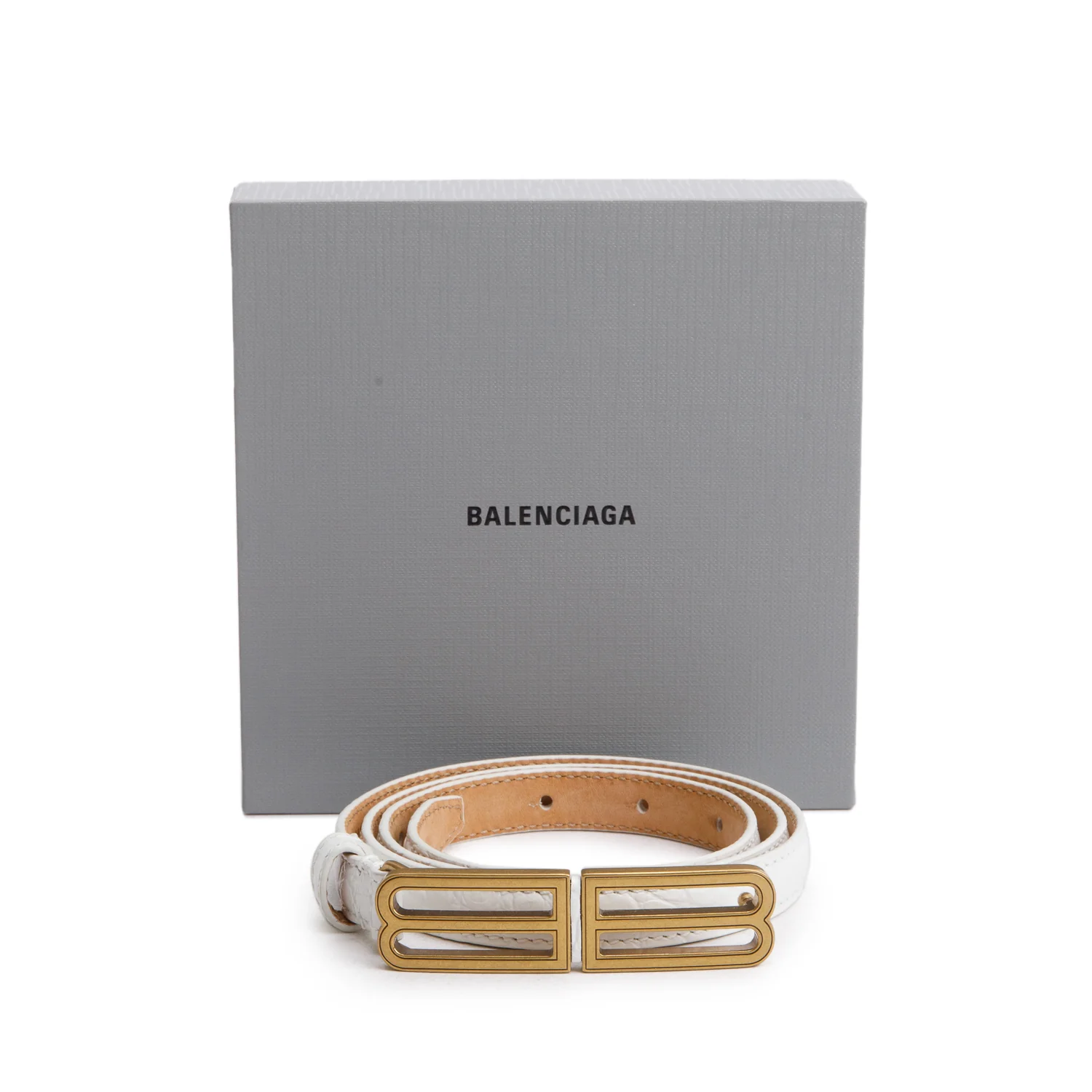 Balenciaga White Croc Embossed Leather BB Thin Belt 80 w/ Box - Image 2
