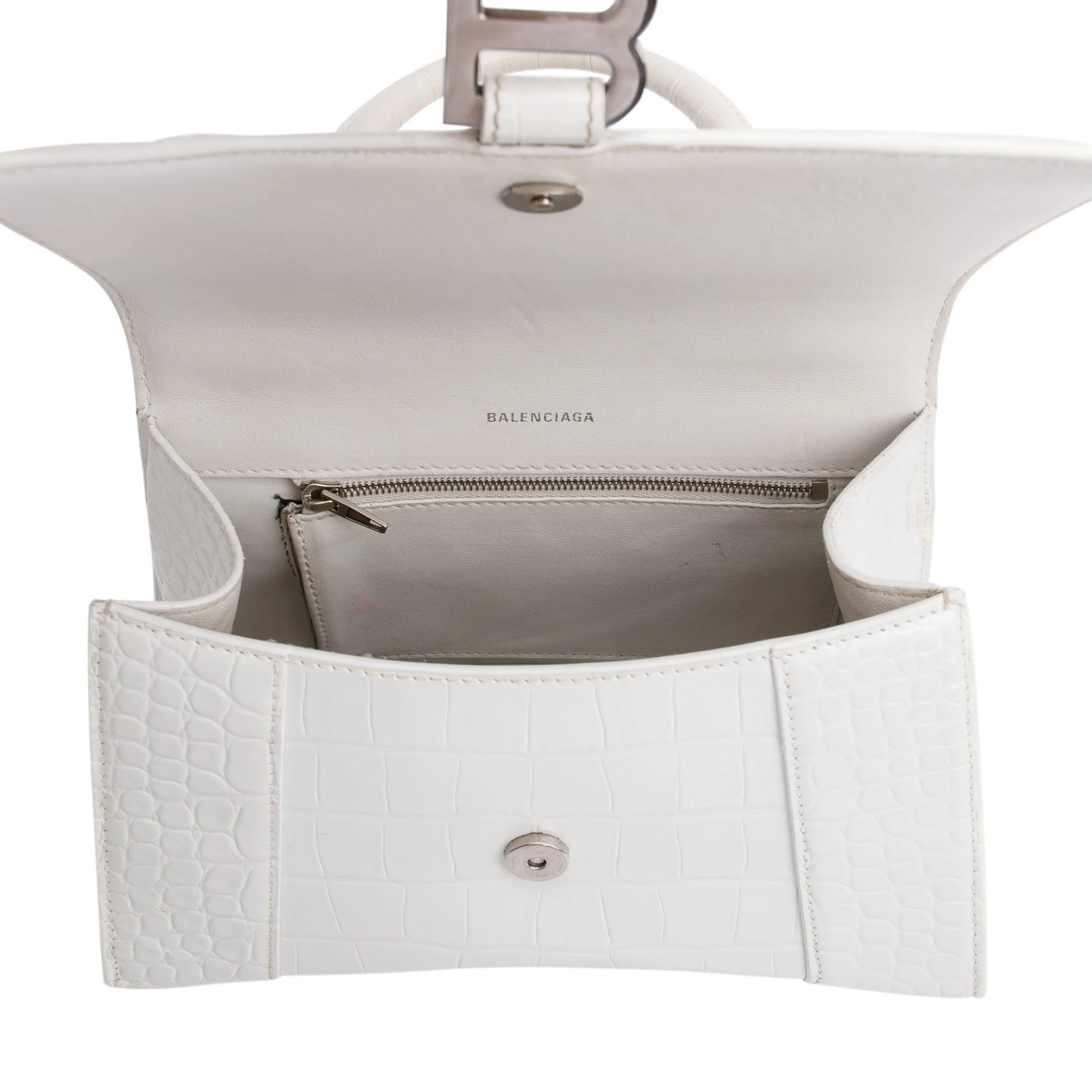 Balenciaga White Croc Embossed Leather Small Hourglass Top Handle Bag w/ Strap - Image 12