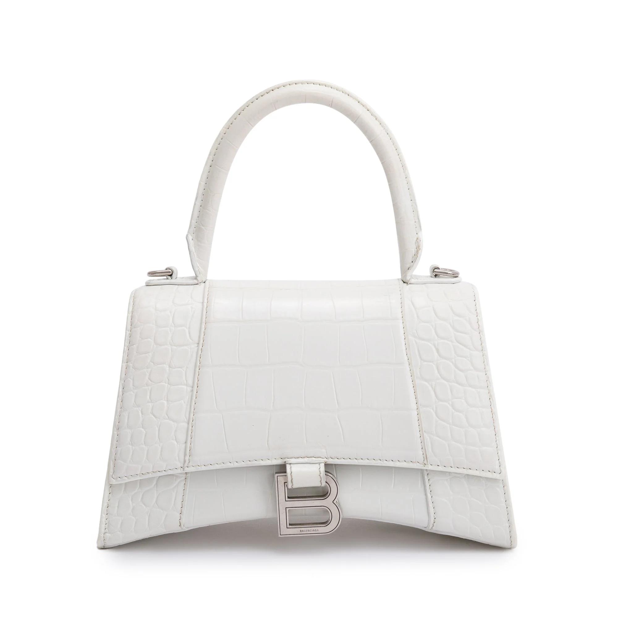 Balenciaga White Croc Embossed Leather Small Hourglass Top Handle Bag w/ Strap - Image 3