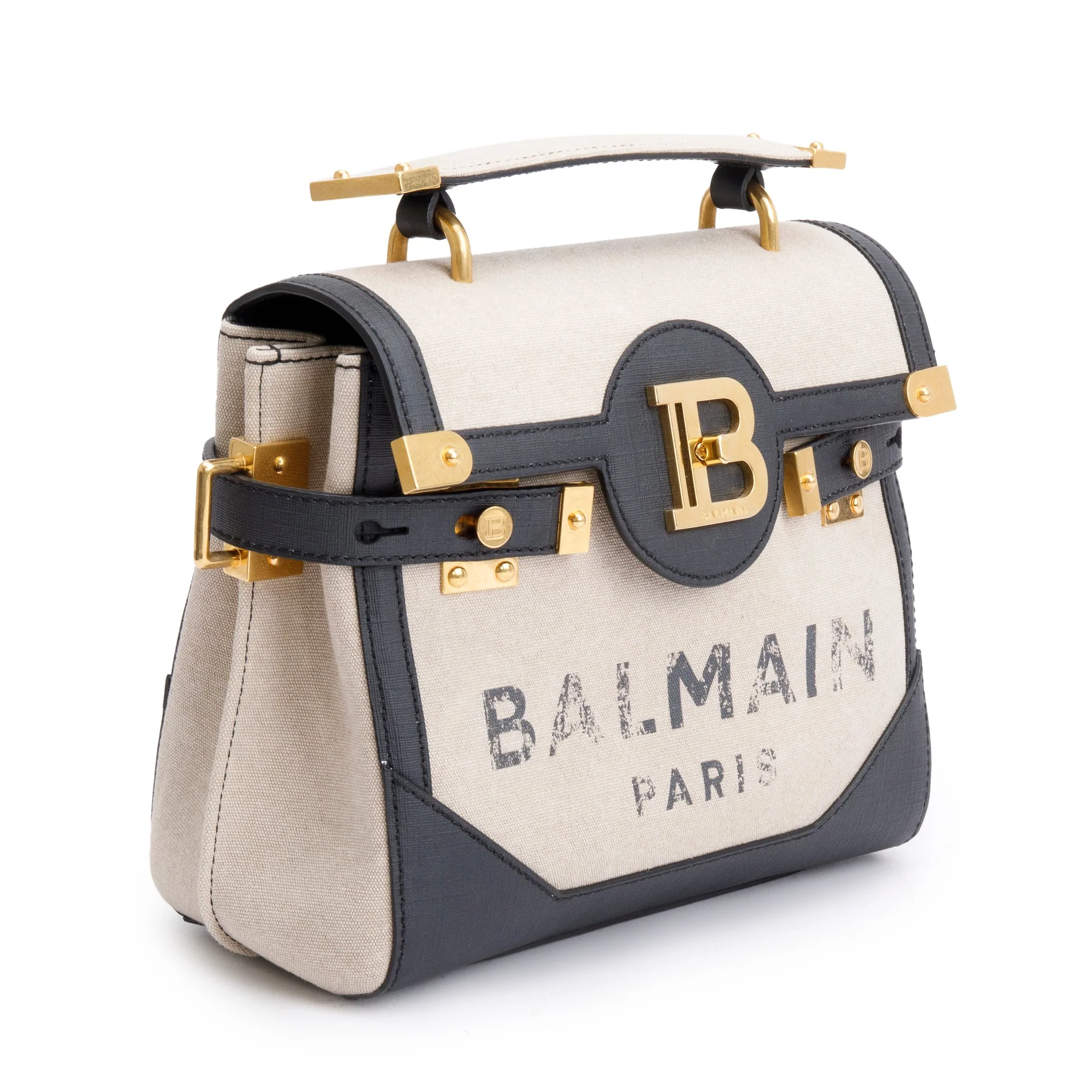Balmain Neutral Canvas Black Leather Trimmed B-Buzz 23 Shoulder Bag w/ Strap - Image 4
