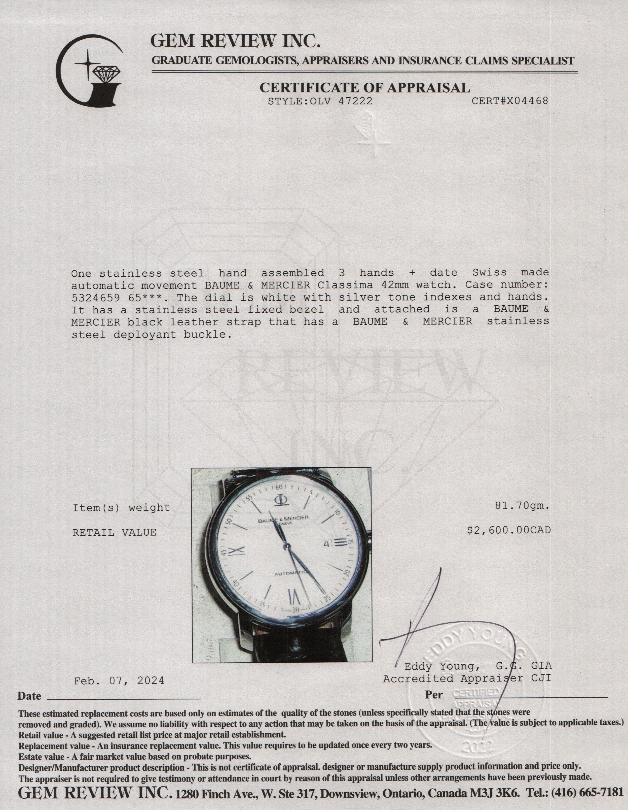 Baume & Mercier Stainless Steel Classima 42 MM Automatic Watch w/ Box - Image 7